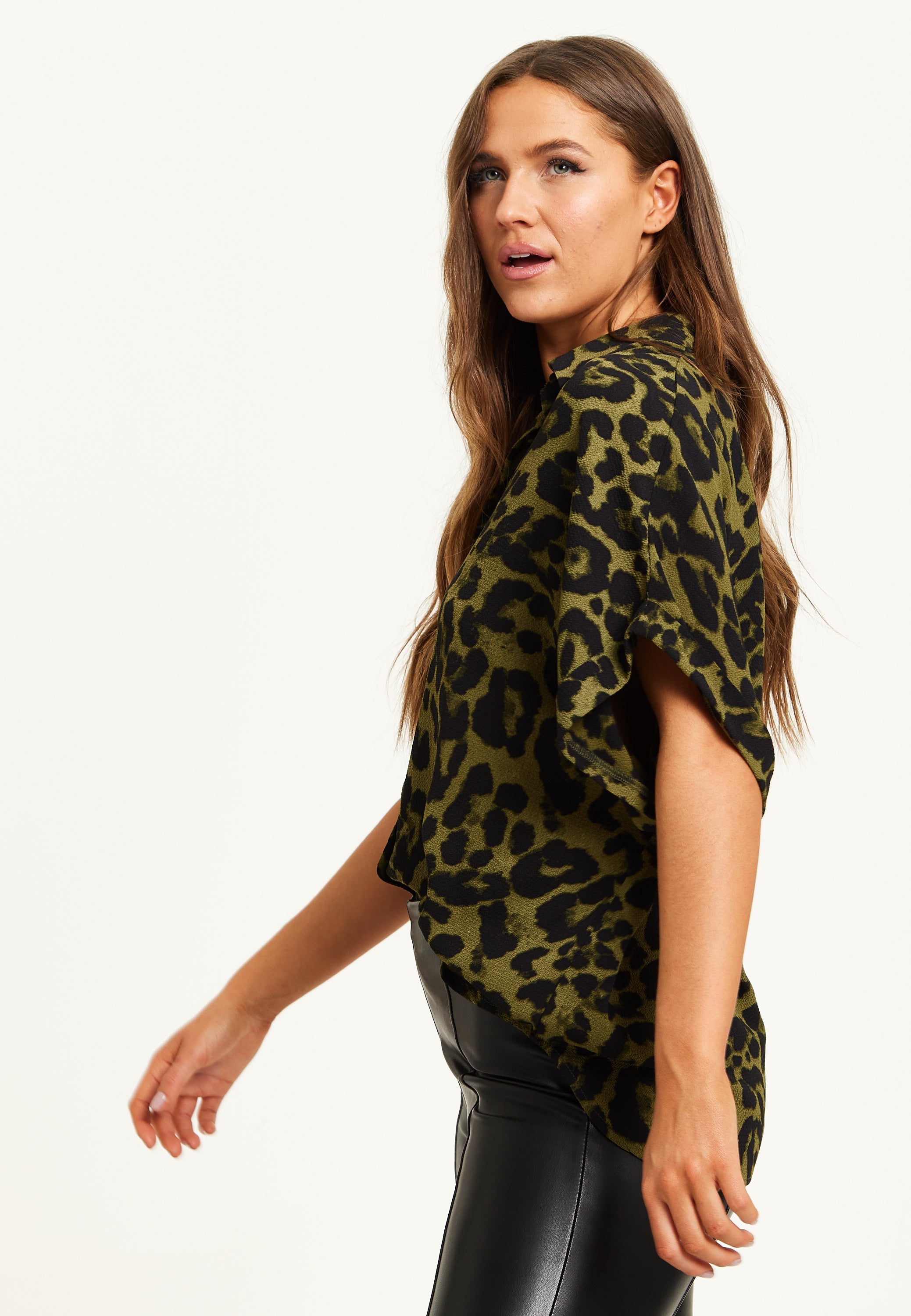 Women's Khaki Animal Print Shirt with Short Sleeves, Button-Up Front, Regular Fit, Shirt Collar