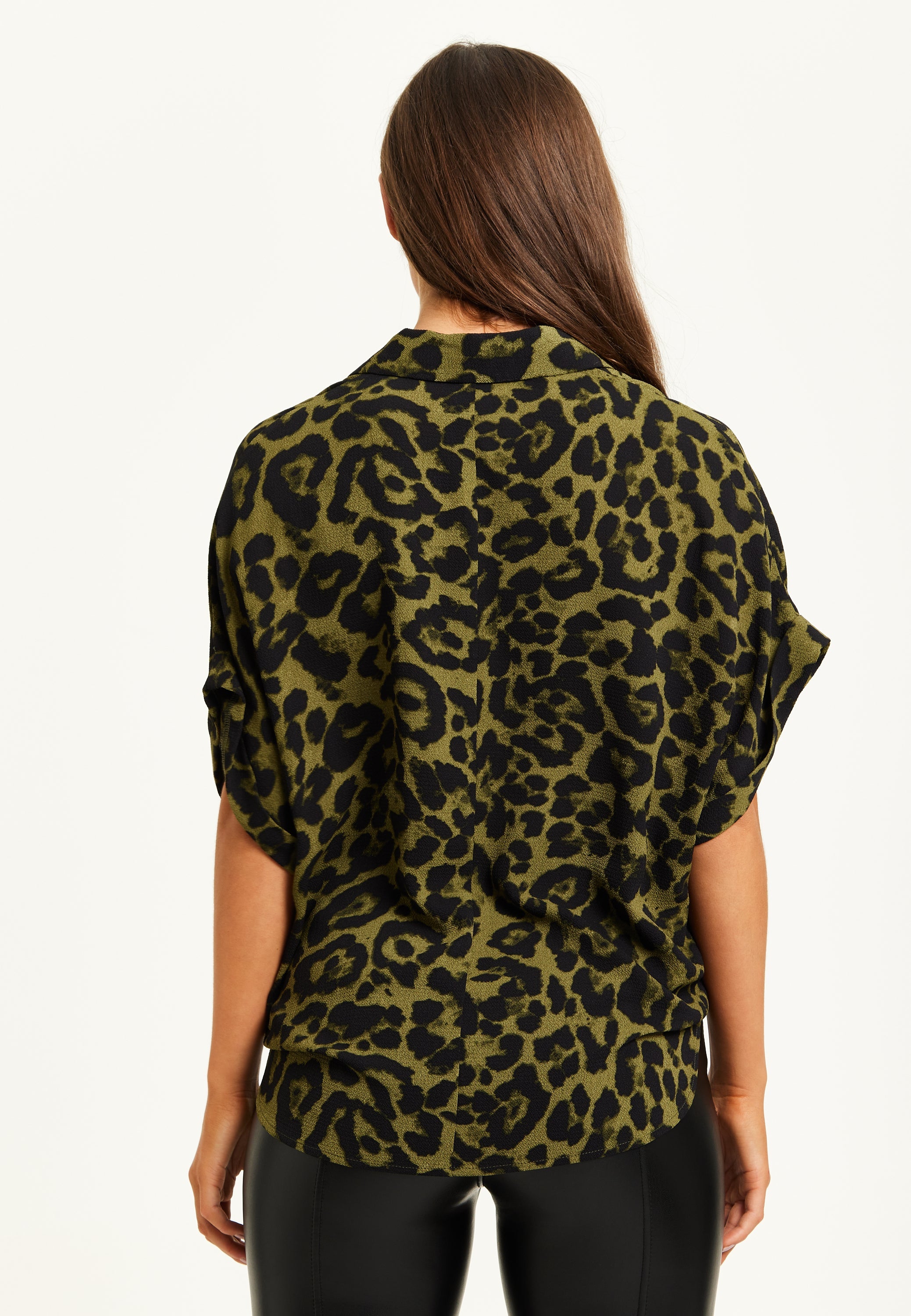 Women's Khaki Animal Print Shirt with Short Sleeves, Button-Up Front, Regular Fit, Shirt Collar