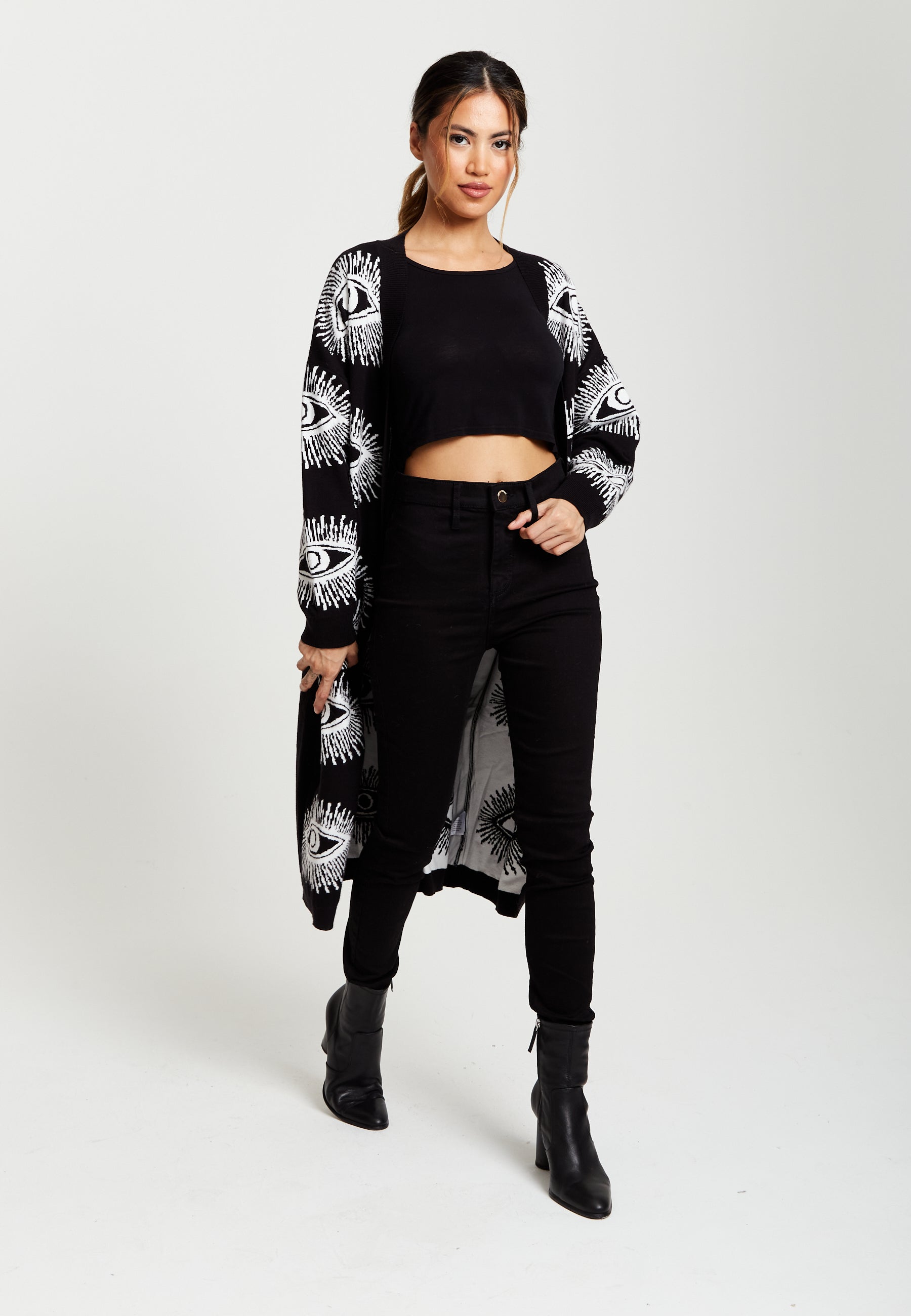 Women's Longline Black Cardigan with Eye Pattern, Open Front, Relaxed Fit - Liquorish