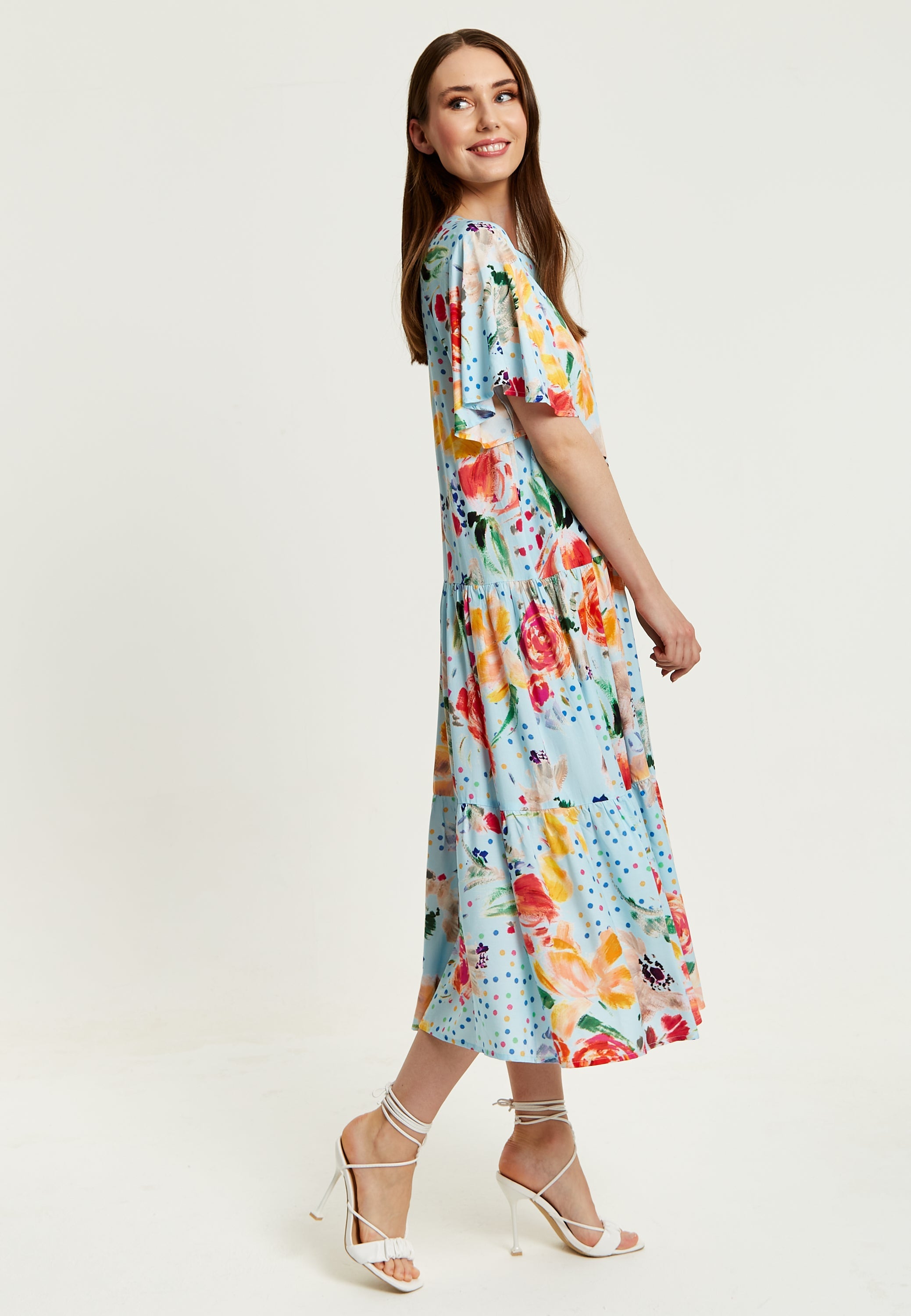 Women's Maxi Dress - Relaxed Fit Blue Floral Print Midi Smock Dress with Short Sleeves - Perfect Summer Style by Liquorish