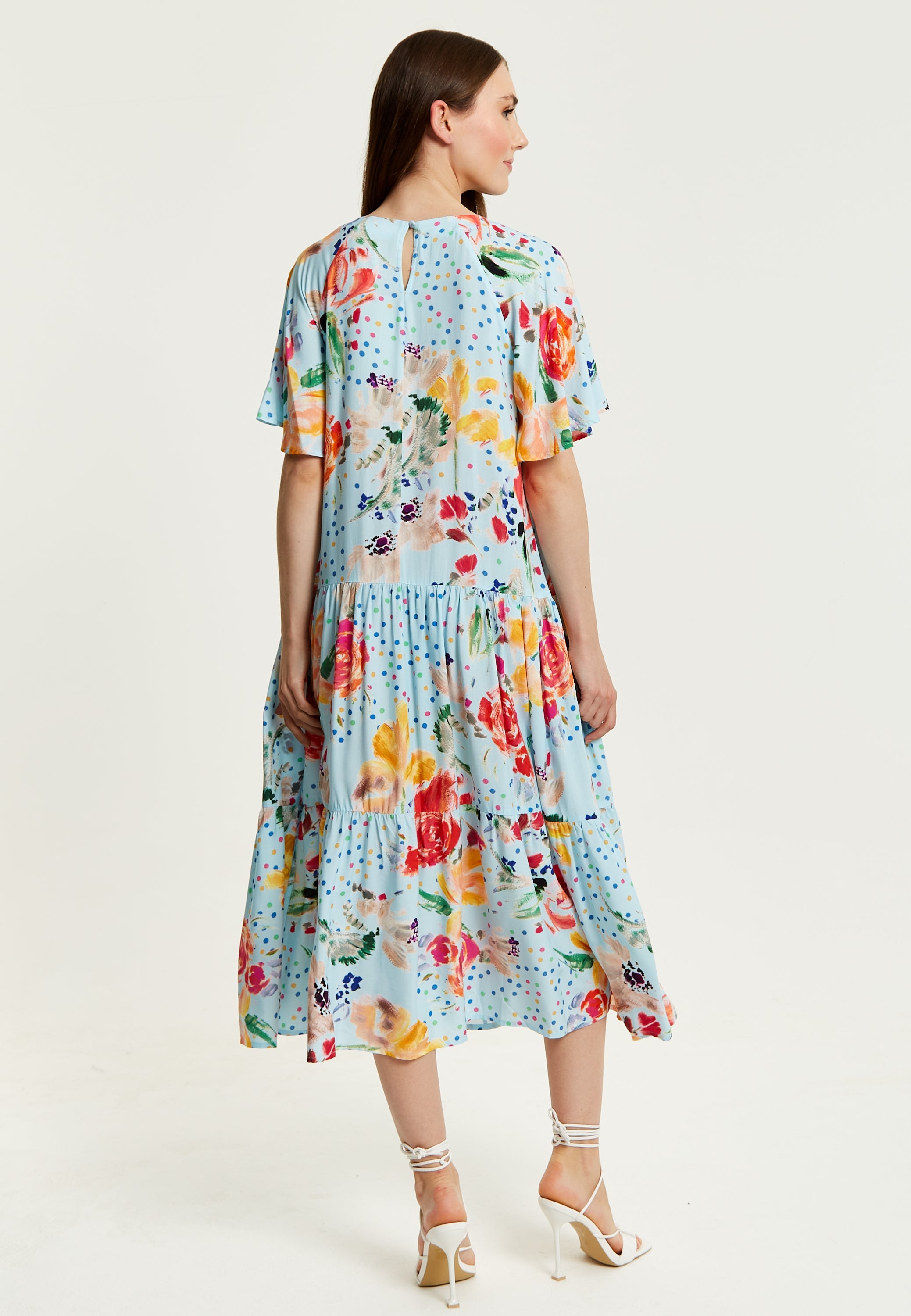 Women's Maxi Dress - Relaxed Fit Blue Floral Print Midi Smock Dress with Short Sleeves - Perfect Summer Style by Liquorish