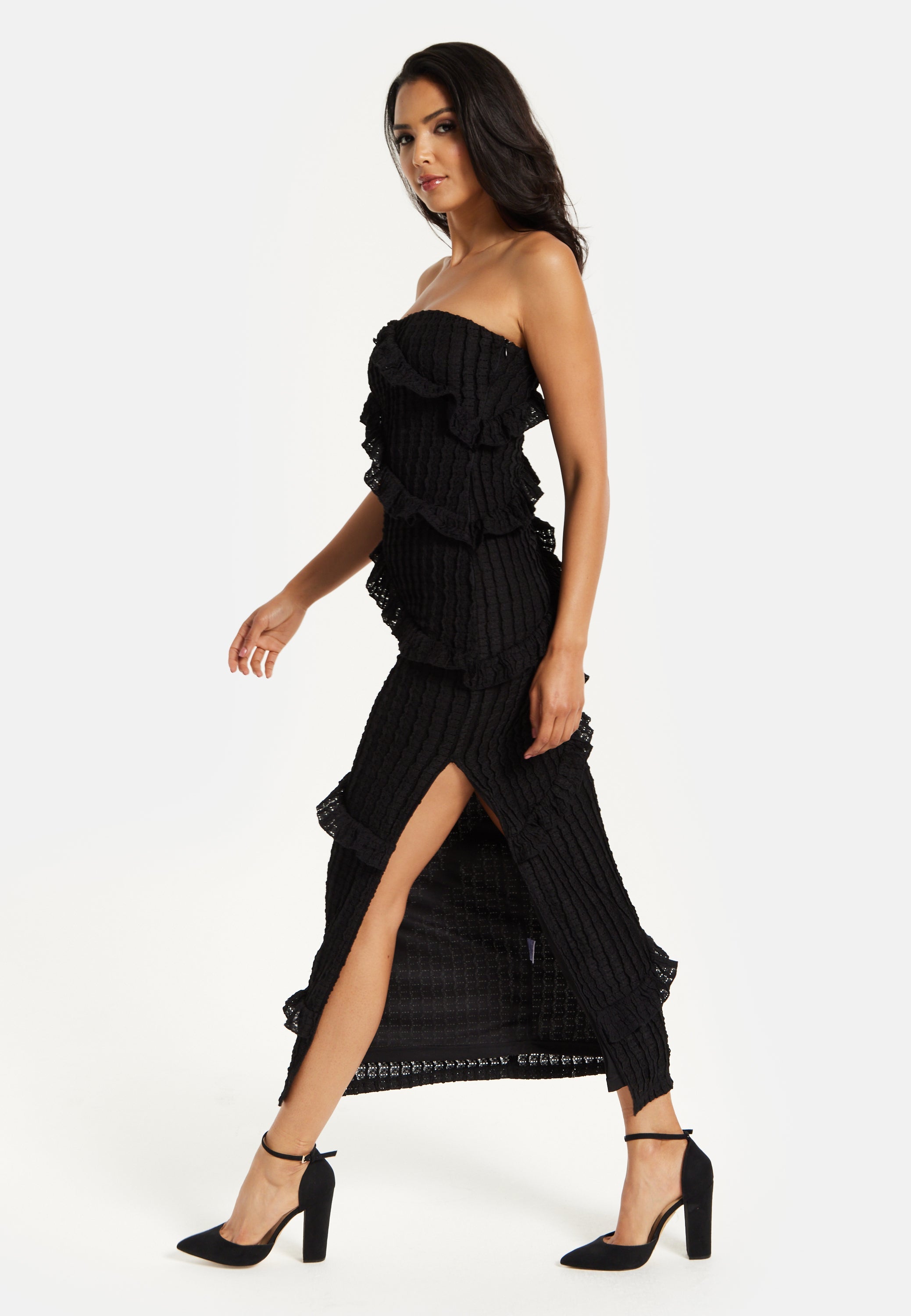 Women's Maxi Dress with Off-Shoulder Design, Diagonal Frilled Slit Detail in Classic Black
