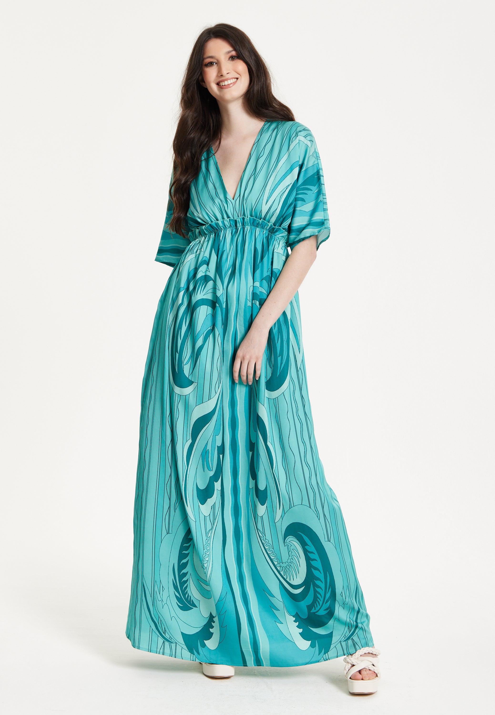 Turquoise Swirl Print Maxi Dress