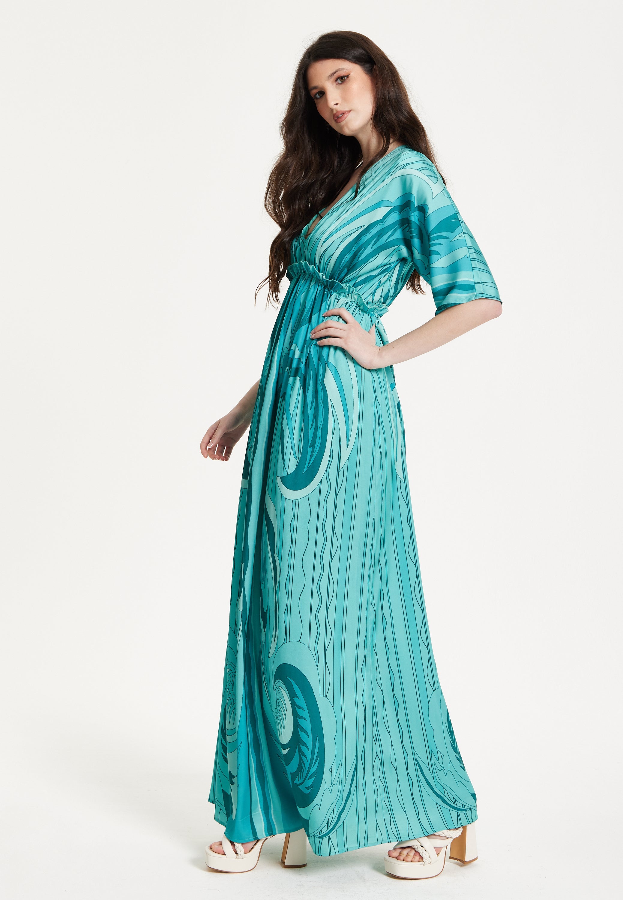 Turquoise Swirl Print Maxi Dress