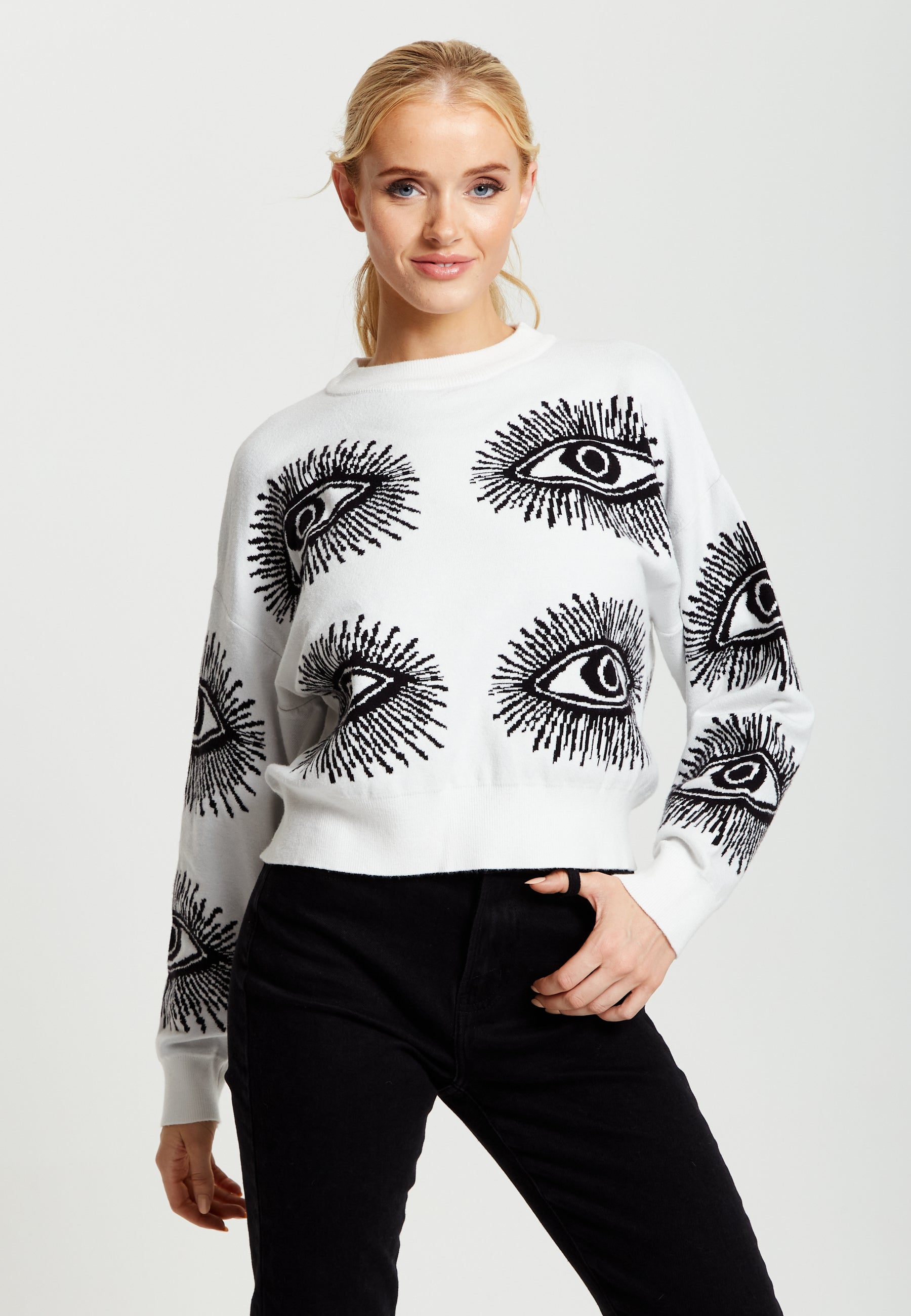 Women's Jumper in White with Long Sleeves and Distinctive Eye Pattern by Liquorish