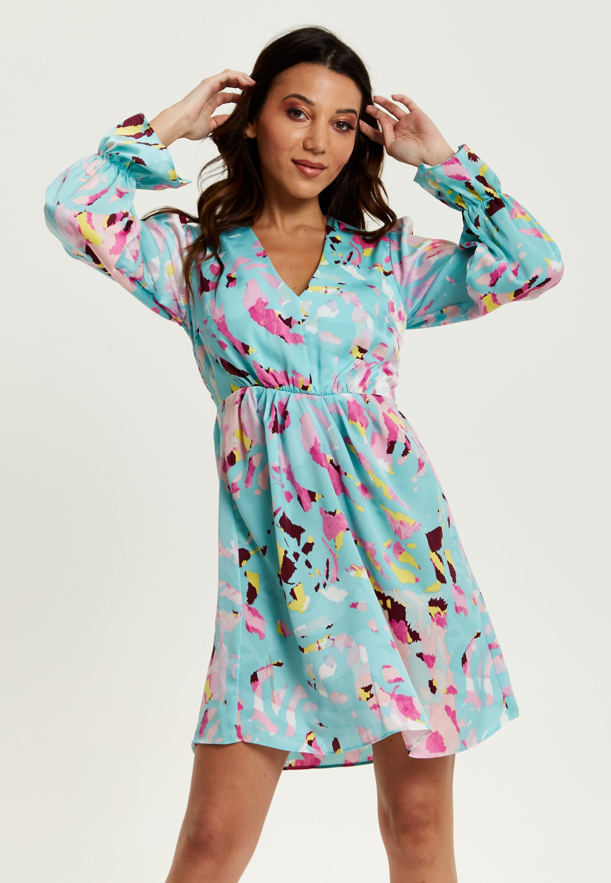 Women's Mini Dress with Long Sleeves, Blue Abstract Print, Open Back Design, Chic & Flattering - Liquorish