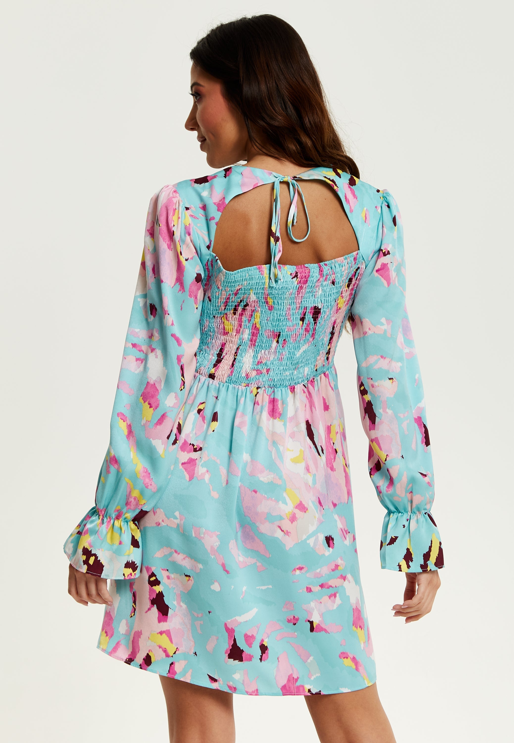 Women's Mini Dress with Long Sleeves, Blue Abstract Print, Open Back Design, Chic & Flattering - Liquorish