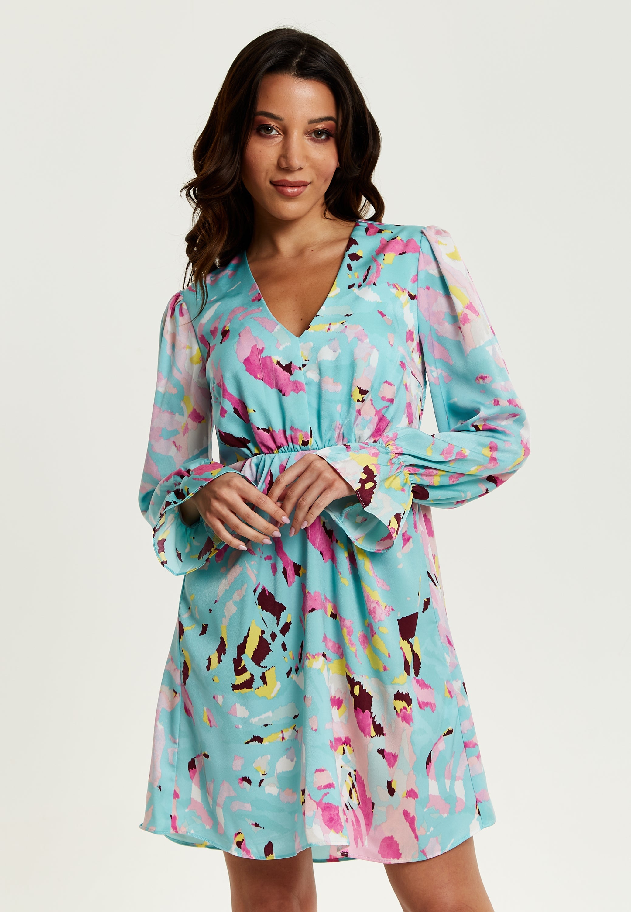 Women's Mini Dress with Long Sleeves, Blue Abstract Print, Open Back Design, Chic & Flattering - Liquorish