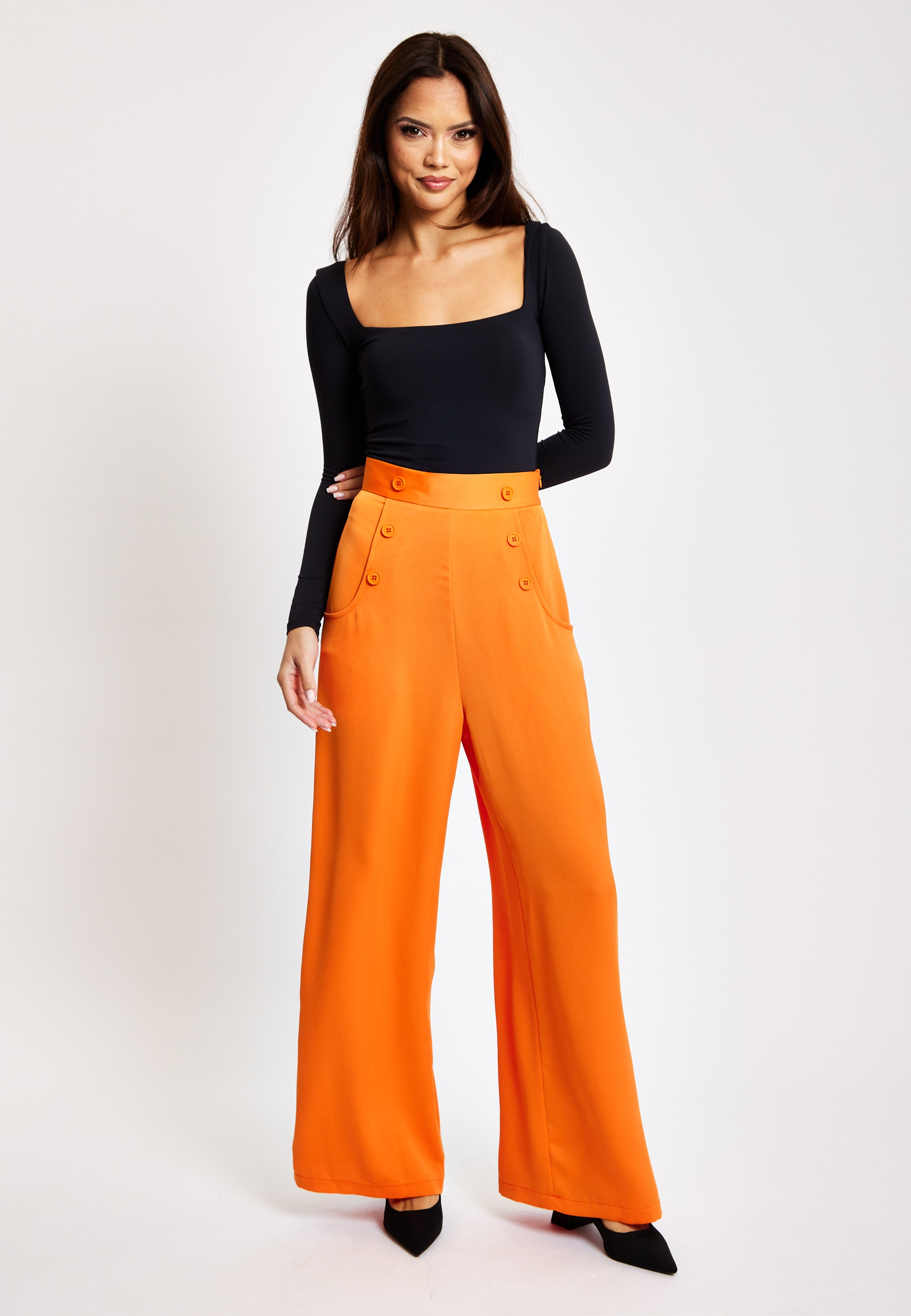 Women's Trousers High Waist Orange Wide Leg with Front Buttons and Pockets, Zip-Side Fastening, Liquorish