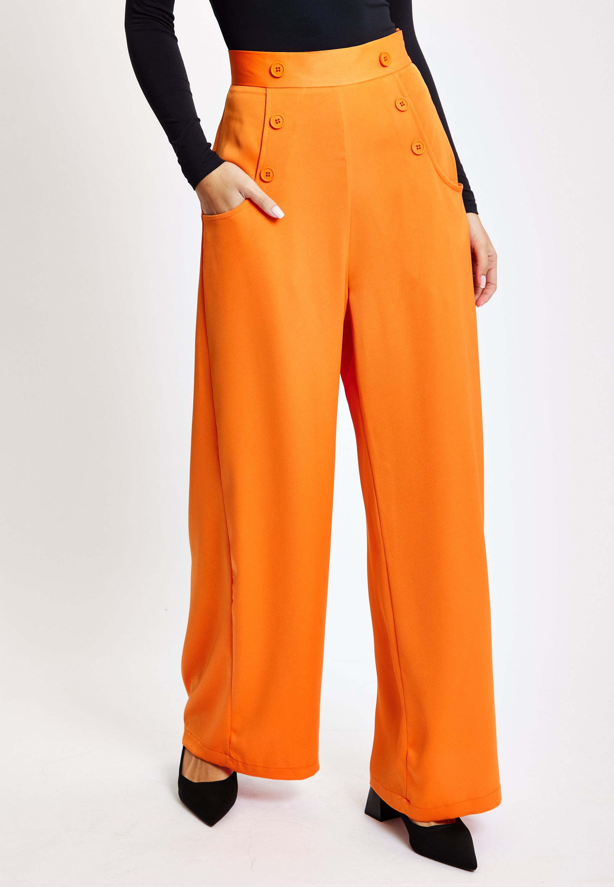 Women's Trousers High Waist Orange Wide Leg with Front Buttons and Pockets, Zip-Side Fastening, Liquorish