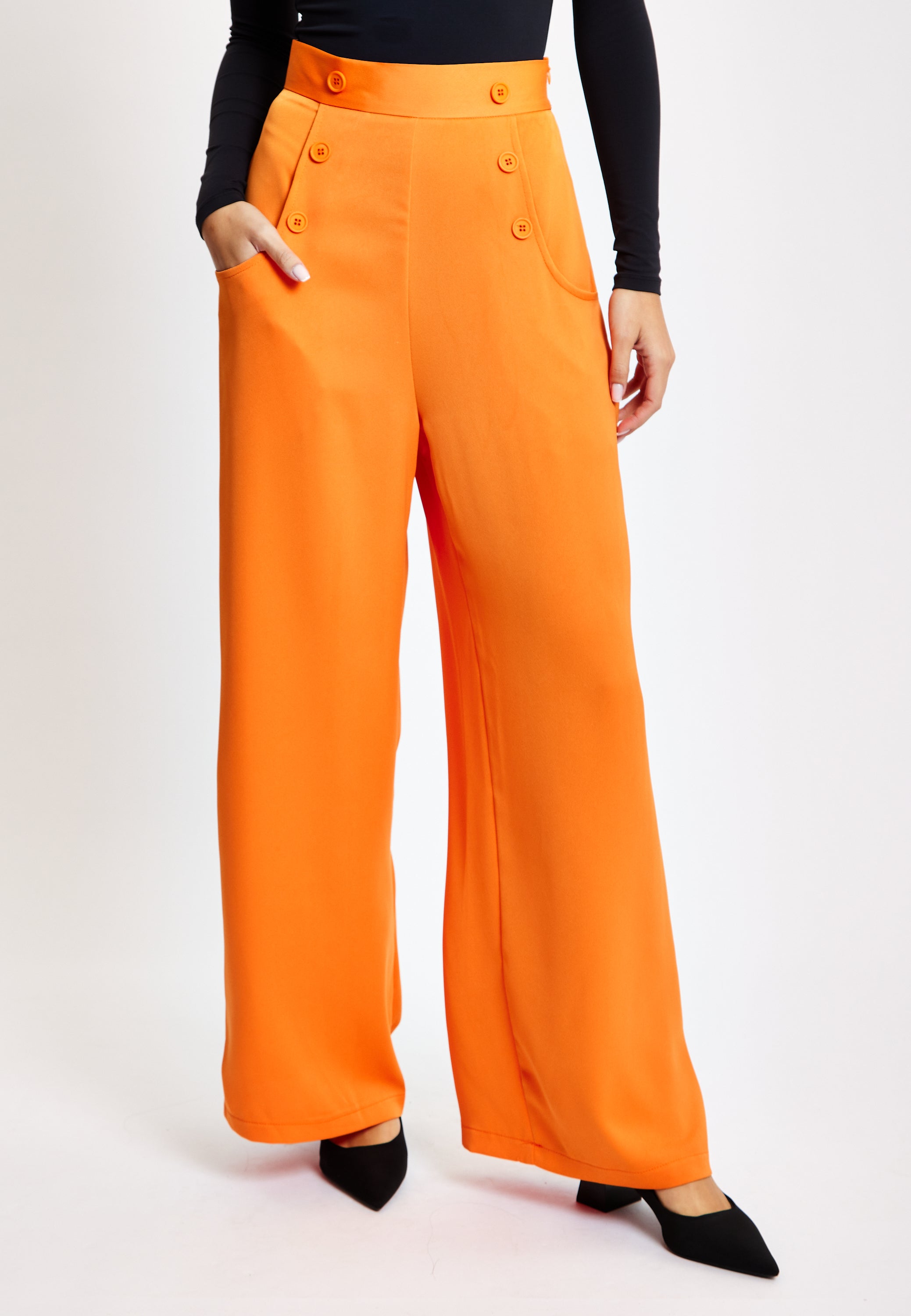 Women's Trousers High Waist Orange Wide Leg with Front Buttons and Pockets, Zip-Side Fastening, Liquorish