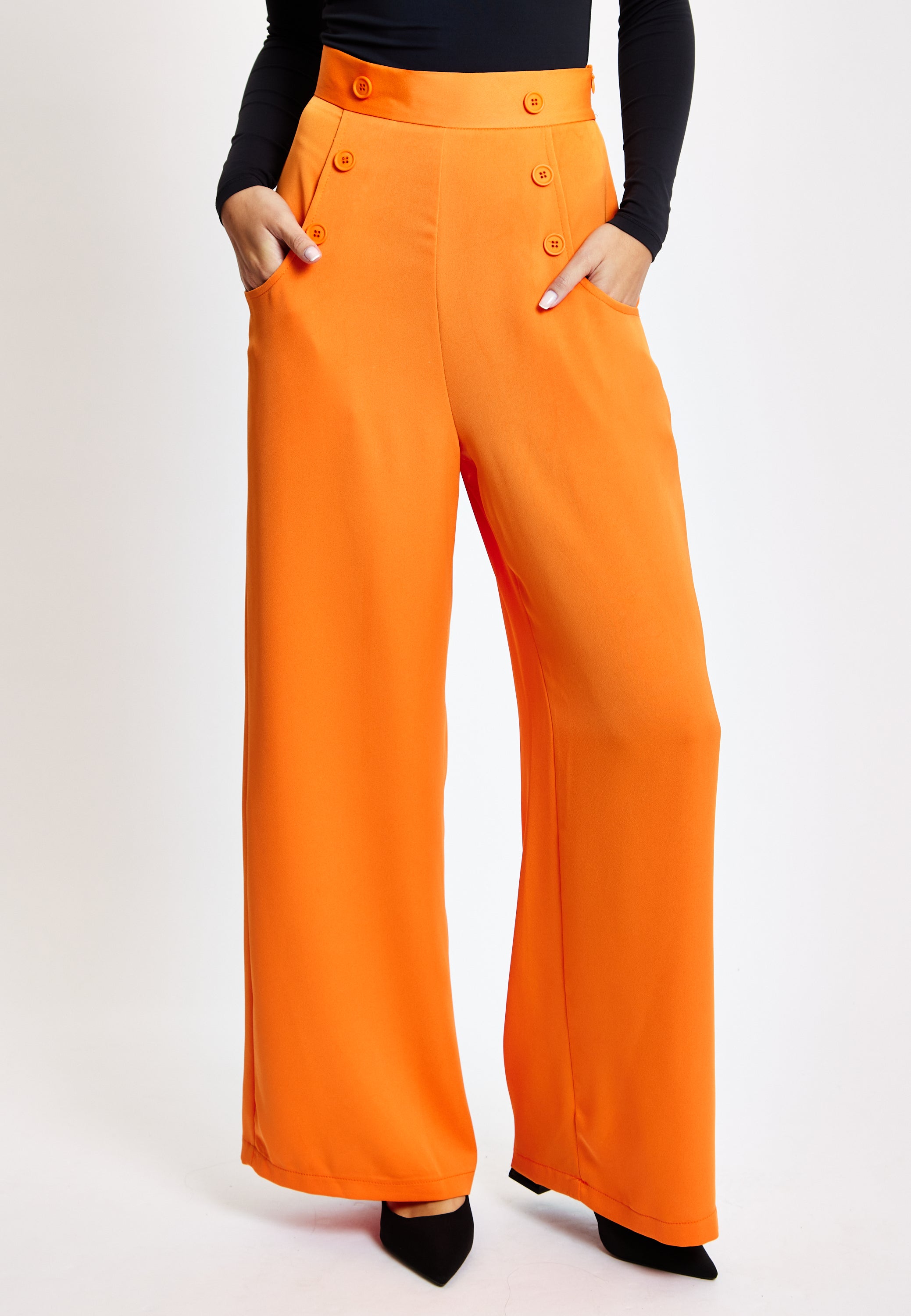 Women's Trousers High Waist Orange Wide Leg with Front Buttons and Pockets, Zip-Side Fastening, Liquorish
