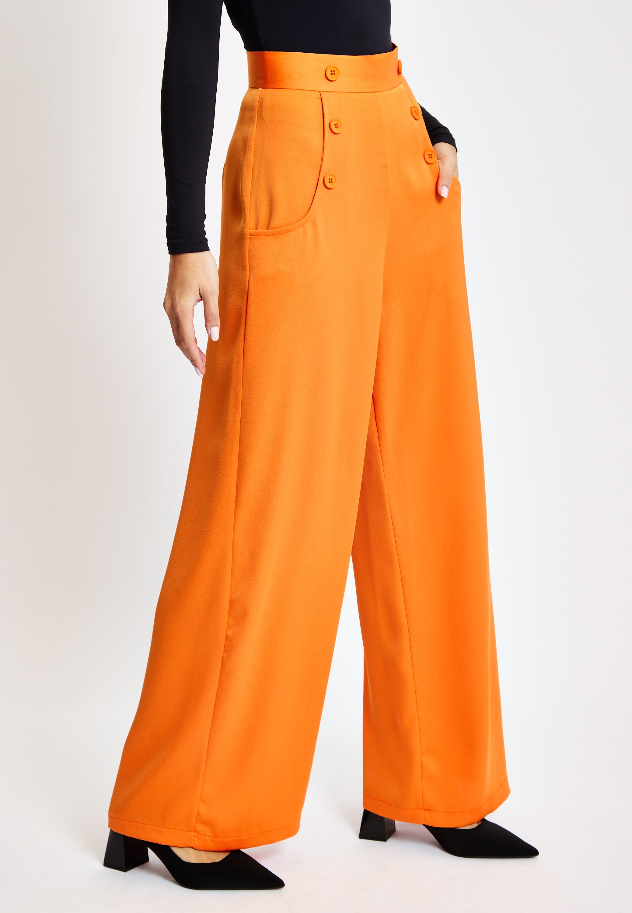 Women's Trousers High Waist Orange Wide Leg with Front Buttons and Pockets, Zip-Side Fastening, Liquorish