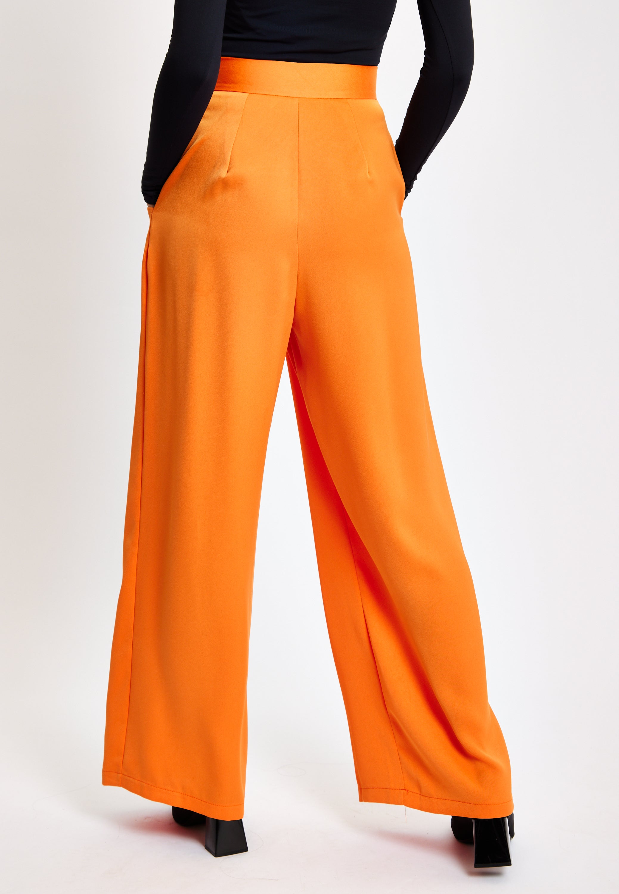 Women's Trousers High Waist Orange Wide Leg with Front Buttons and Pockets, Zip-Side Fastening, Liquorish