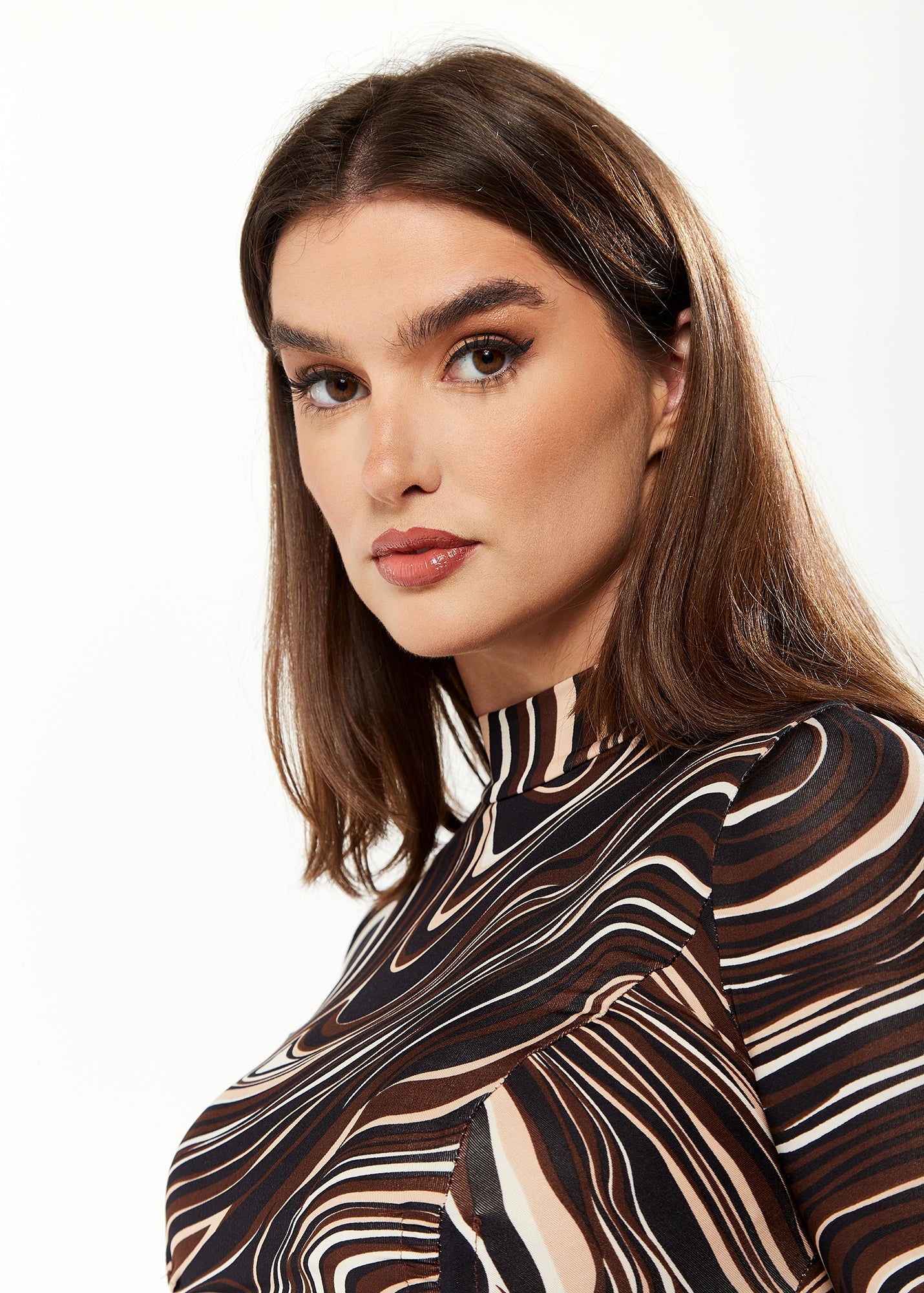 Women's Mini Dress with High Neck, Long Sleeves, Brown Marble Print, Flattering Ruching Detail
