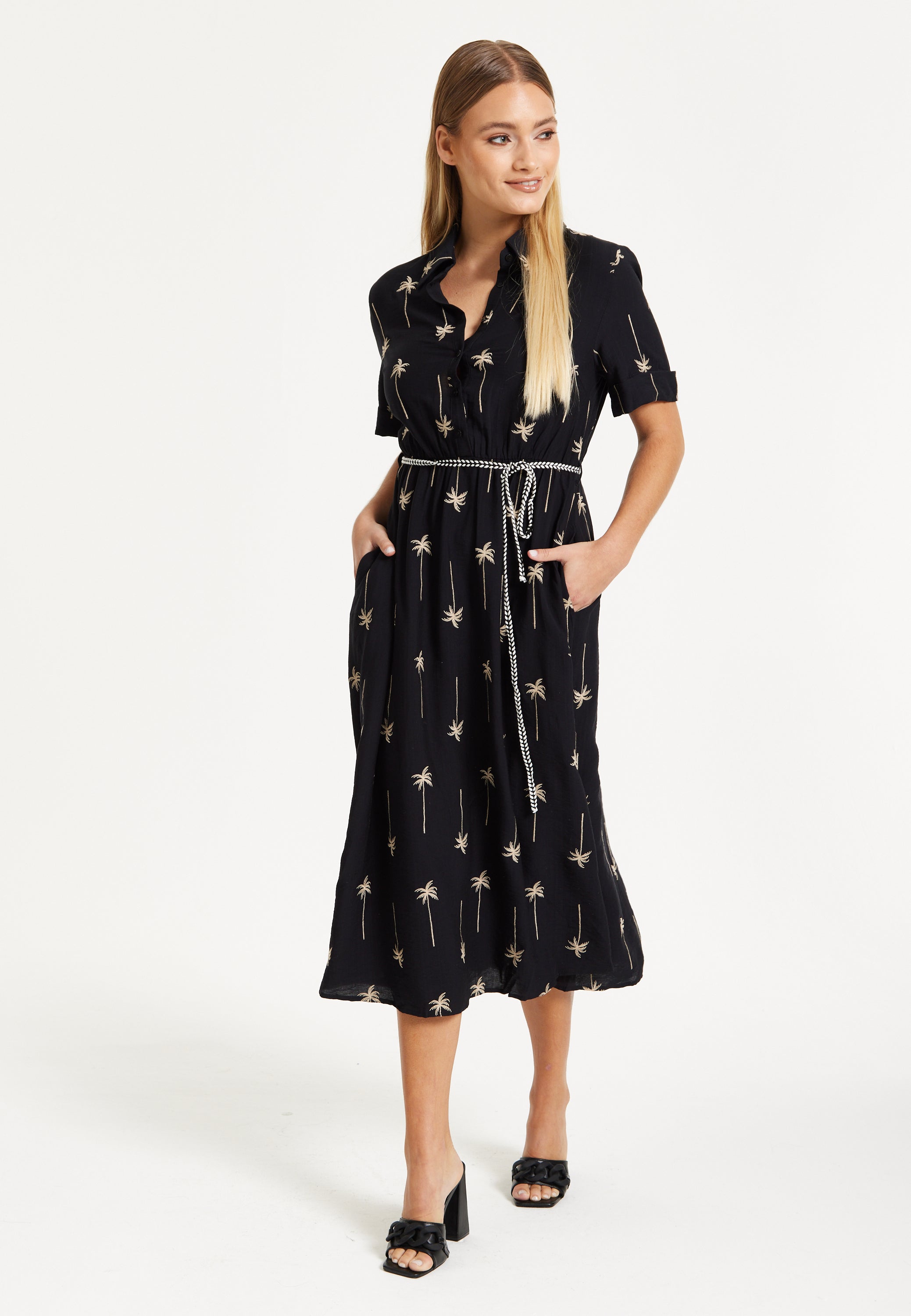 Black Palm Print Shirt Midi Dress