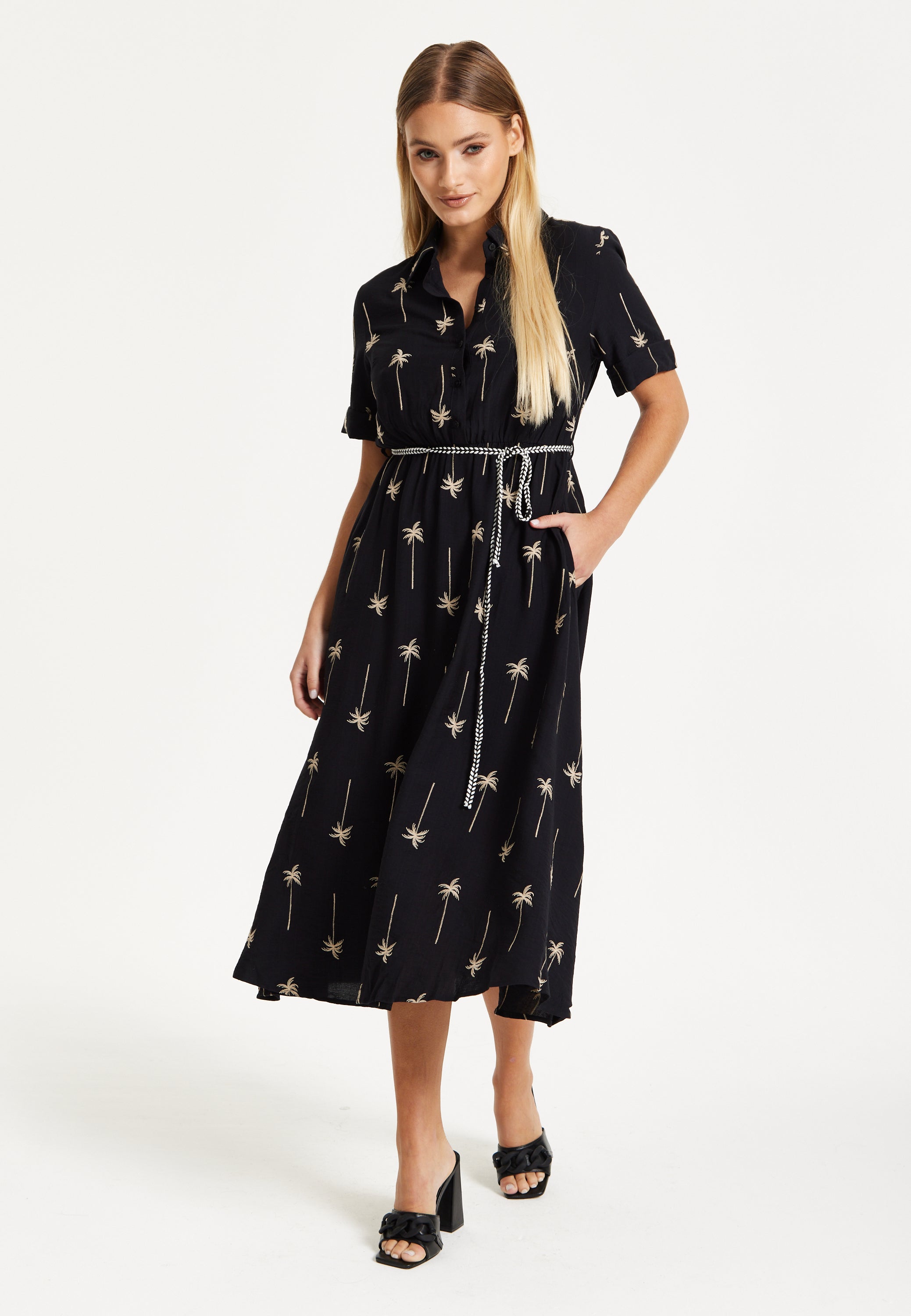 Black Palm Print Shirt Midi Dress