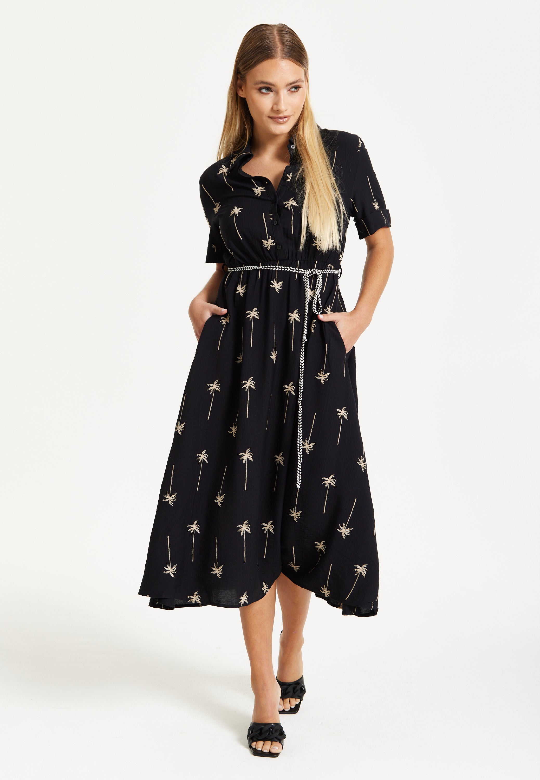 Black Palm Print Shirt Midi Dress