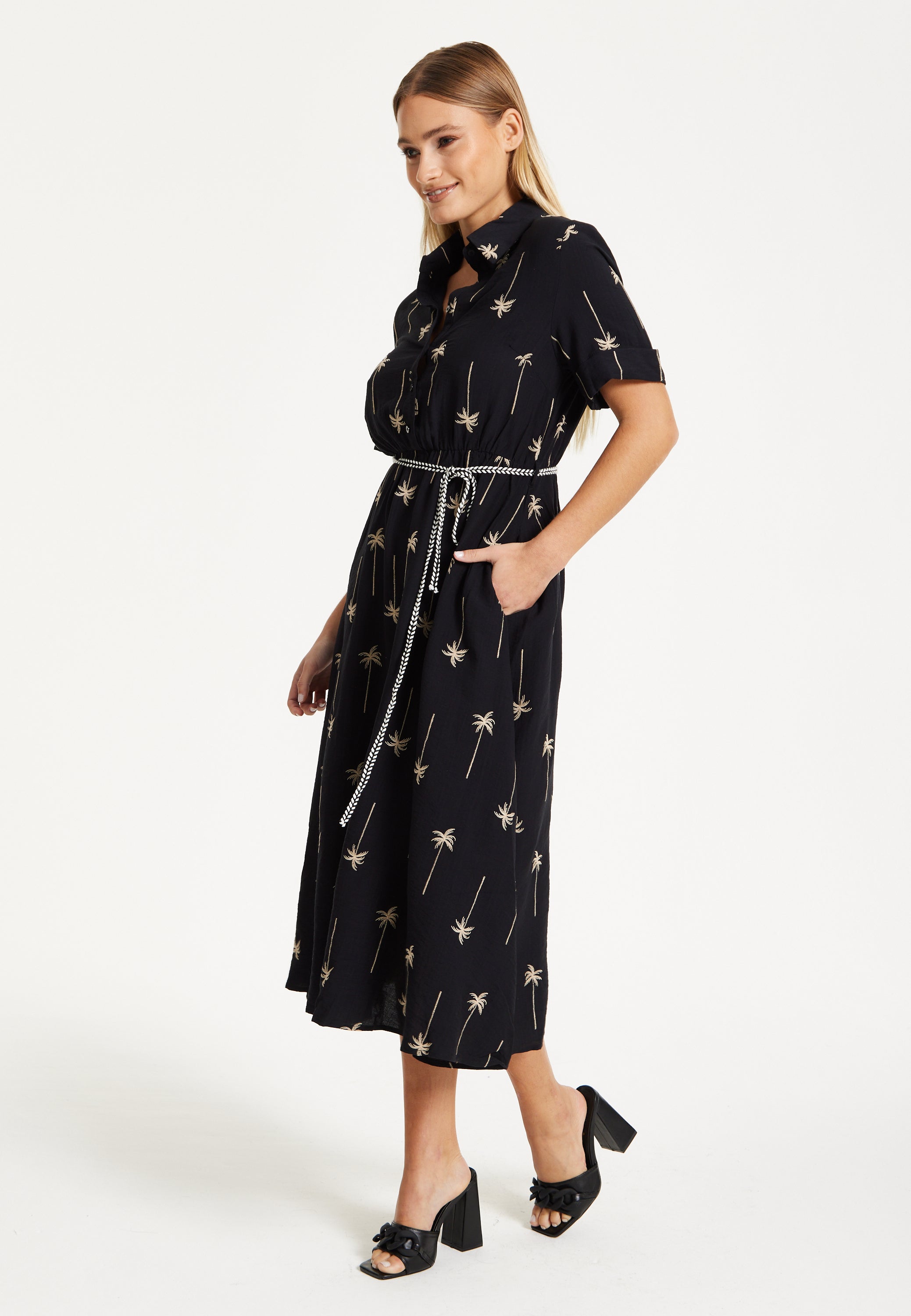 Black Palm Print Shirt Midi Dress