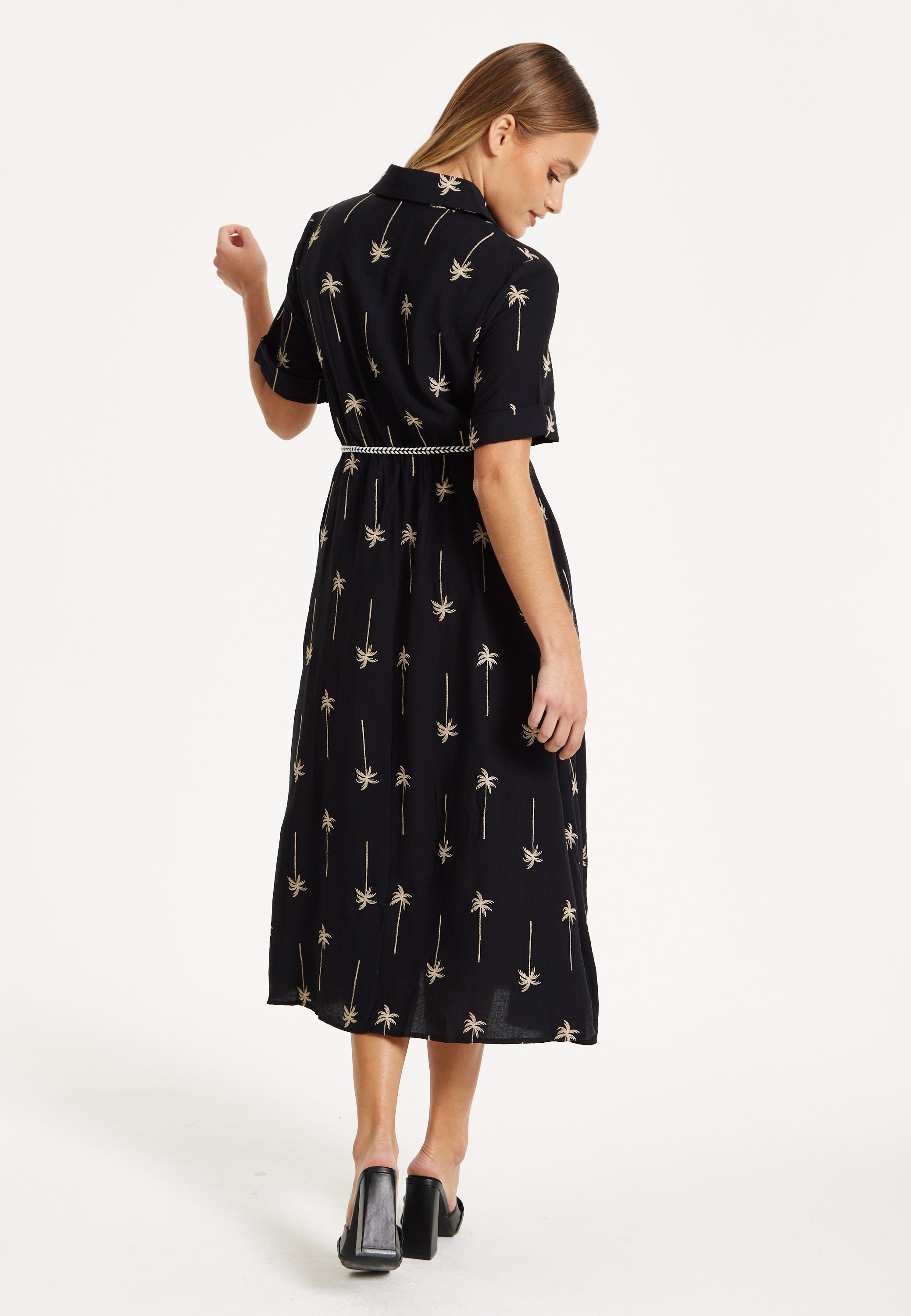 Black Palm Print Shirt Midi Dress