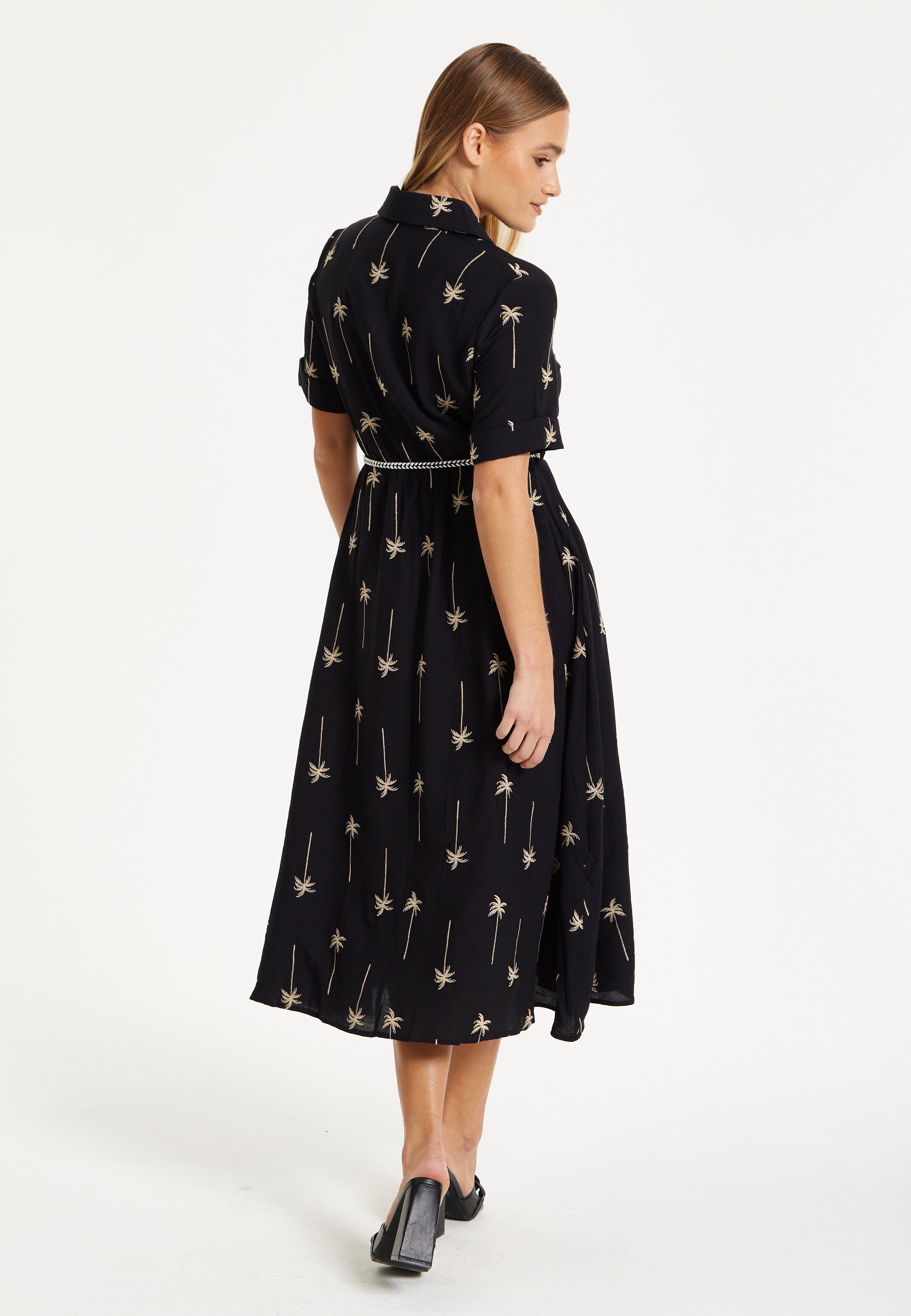 Black Palm Print Shirt Midi Dress