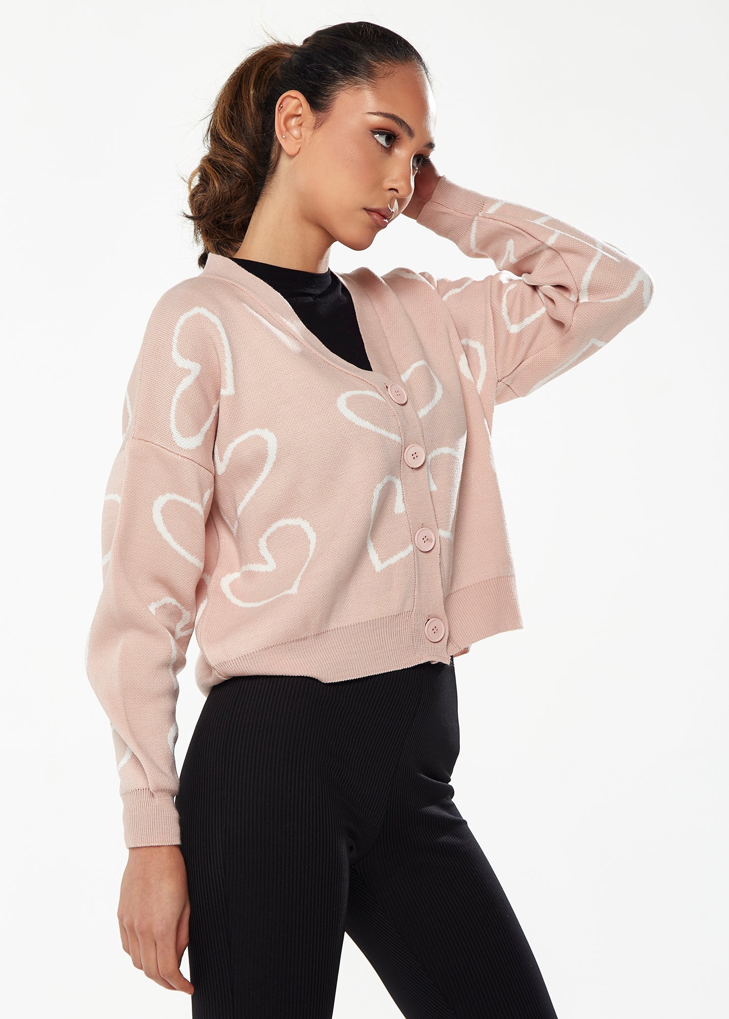 Blush Pink Heart Print Cardigan