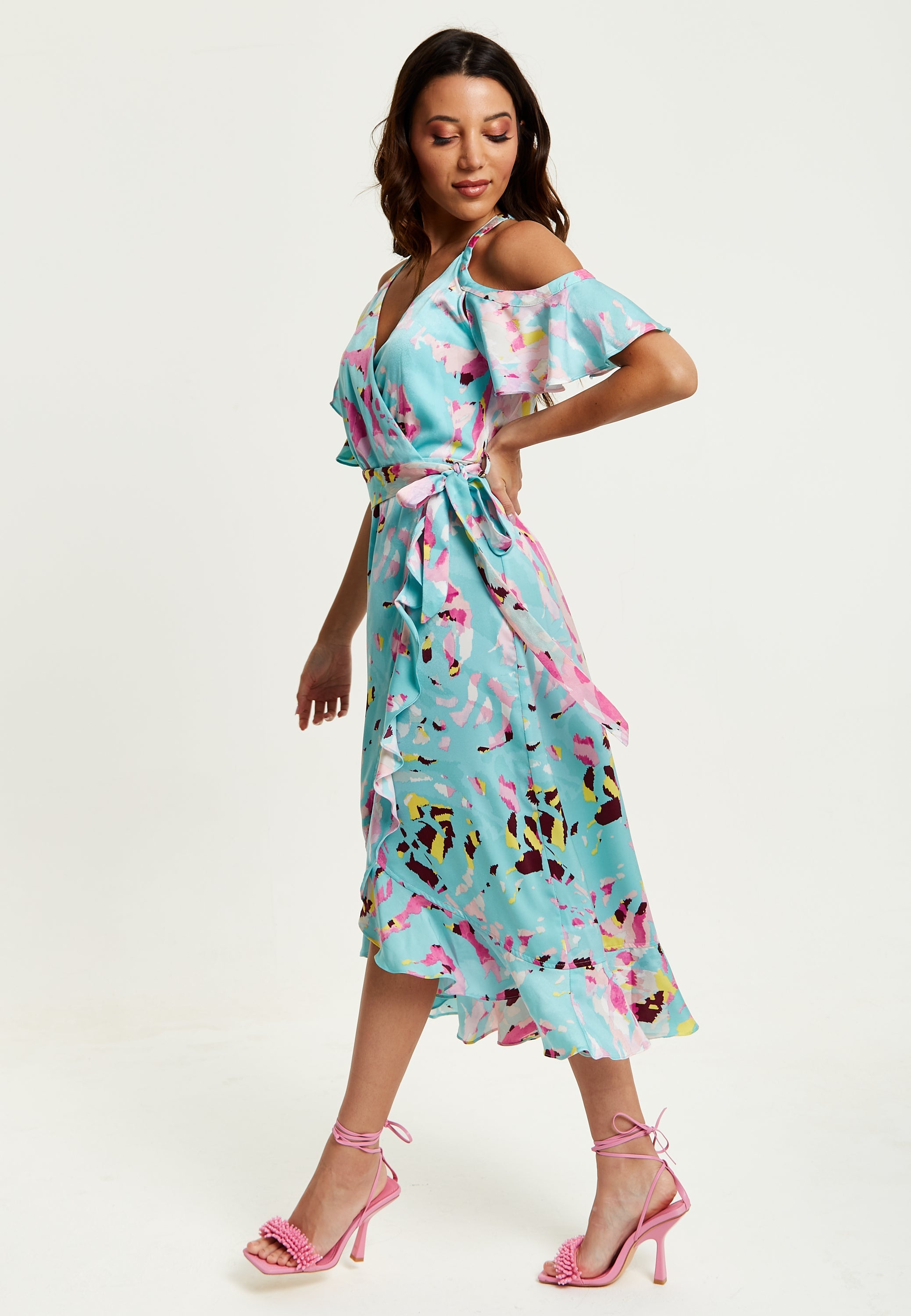 Women's Midi Wrap Dress in Blue Abstract Print with Cold Shoulders and Tie Waist - Elegant Style by Liquorish