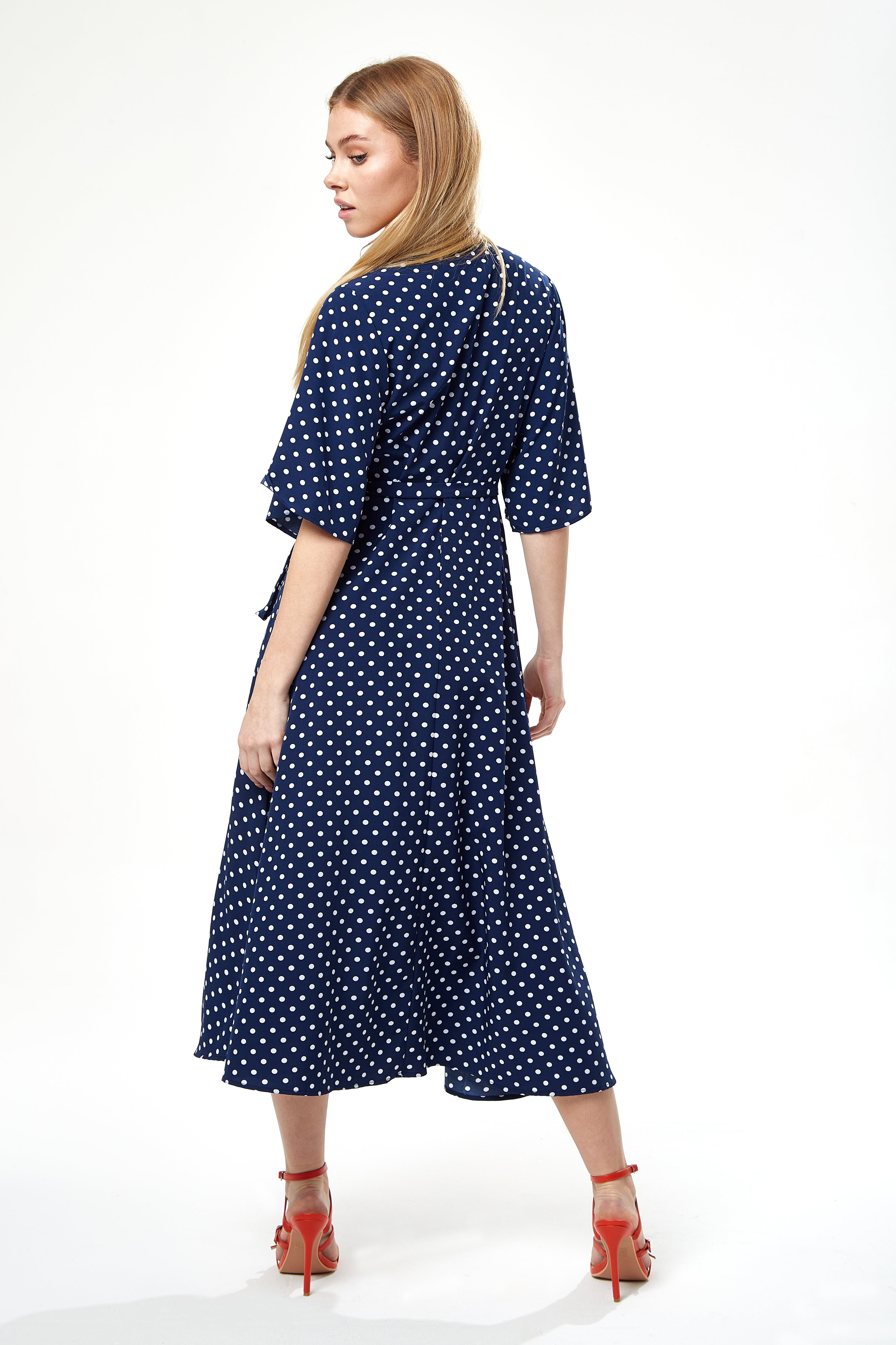 Women's Midi Wrap Dress in Navy with Kimono Sleeves - Elegant Design for Effortless Style by Liquorish