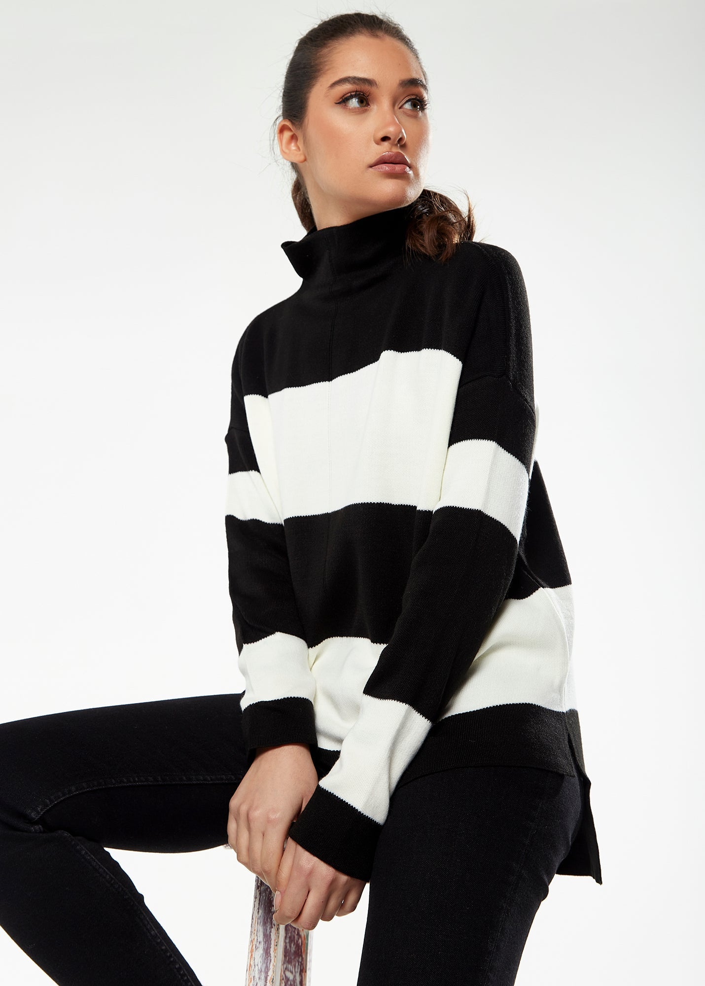 Women's Jumper with Full-Length Sleeves in Black & White - Cozy Roll Neck Design by Liquorish
