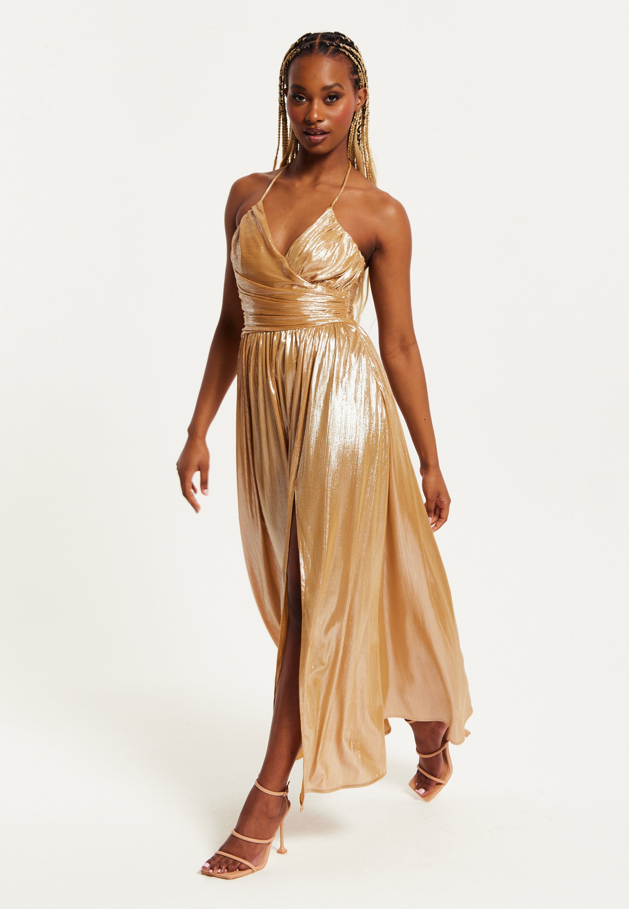 Women's Maxi Dress with Strapless Design, Gold Foil Print, Side Slit, and Open Back - Liquorish