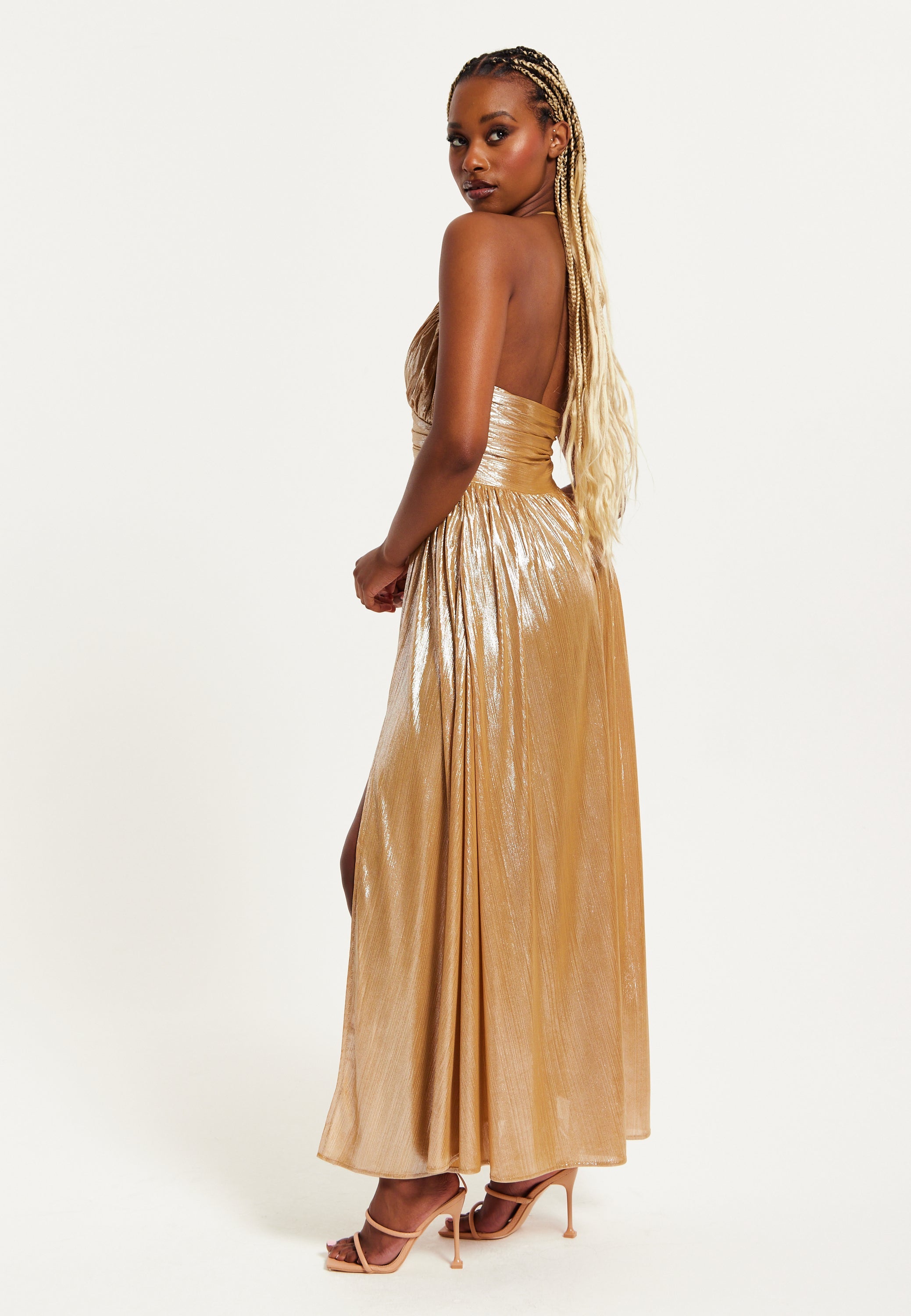 Women's Maxi Dress with Strapless Design, Gold Foil Print, Side Slit, and Open Back - Liquorish