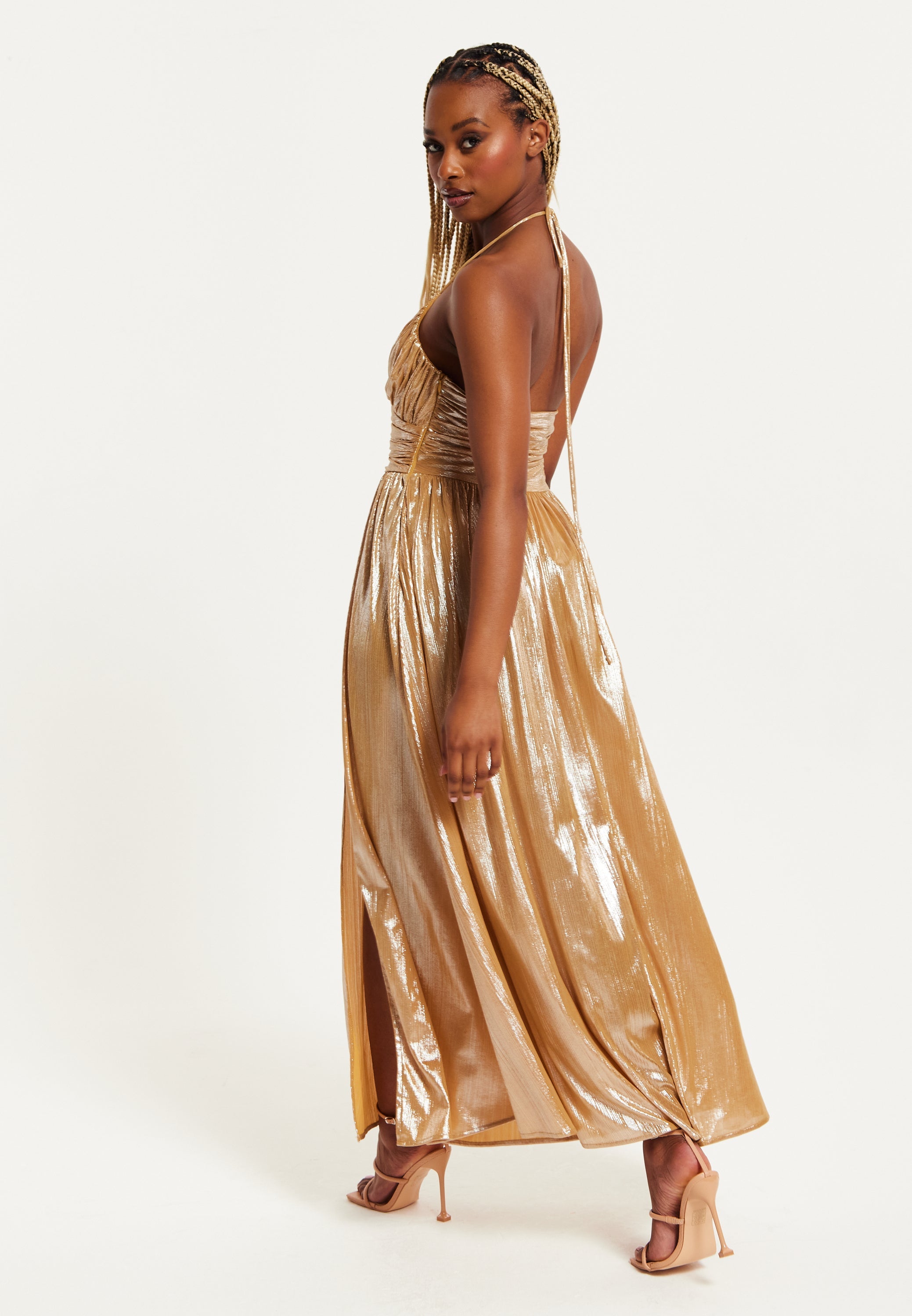 Women's Maxi Dress with Strapless Design, Gold Foil Print, Side Slit, and Open Back - Liquorish