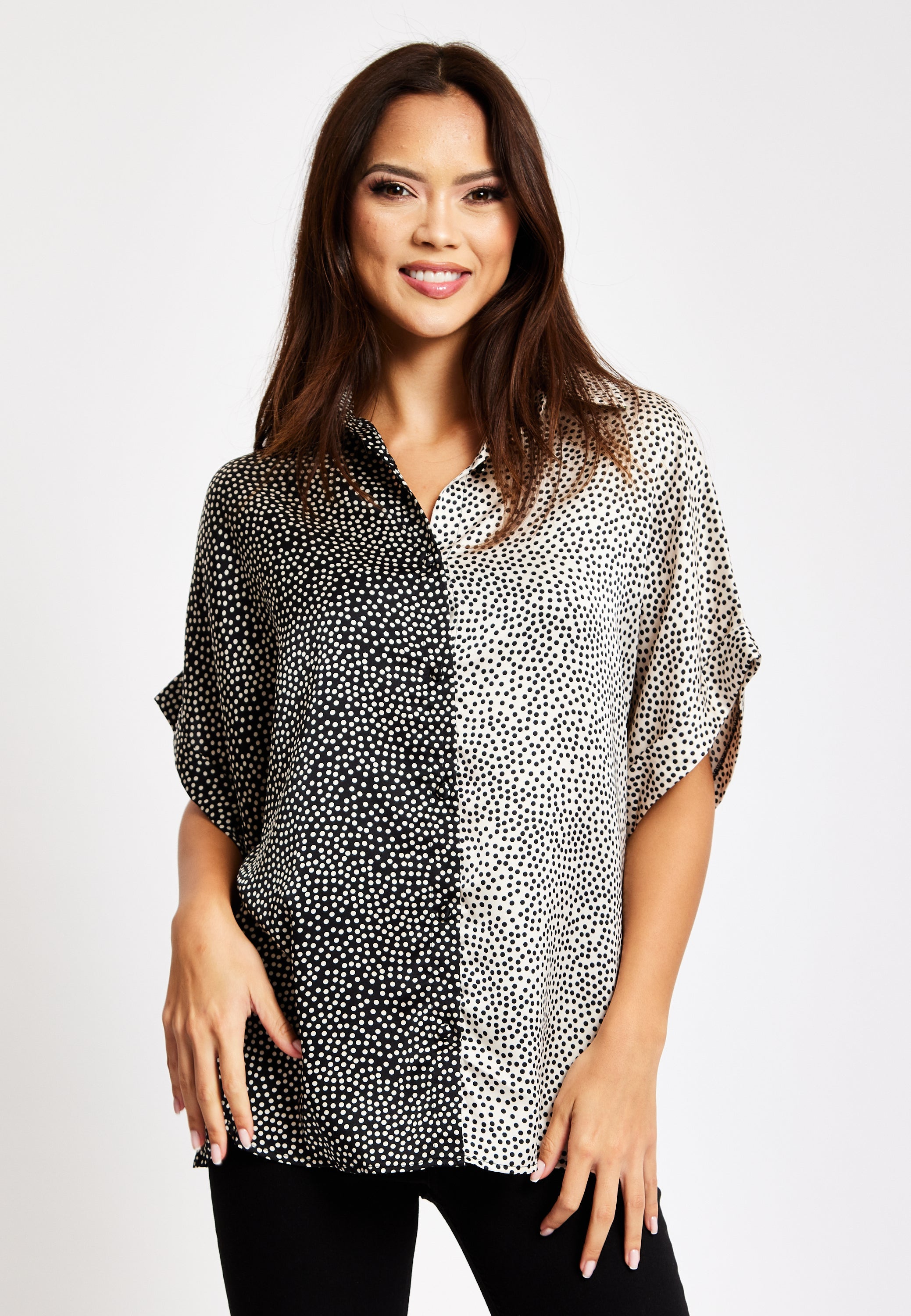 Women’s Monochrome Polka Dot Print Shirt with Short Sleeves, Button-Up Front, Regular Fit, Shirt Collar