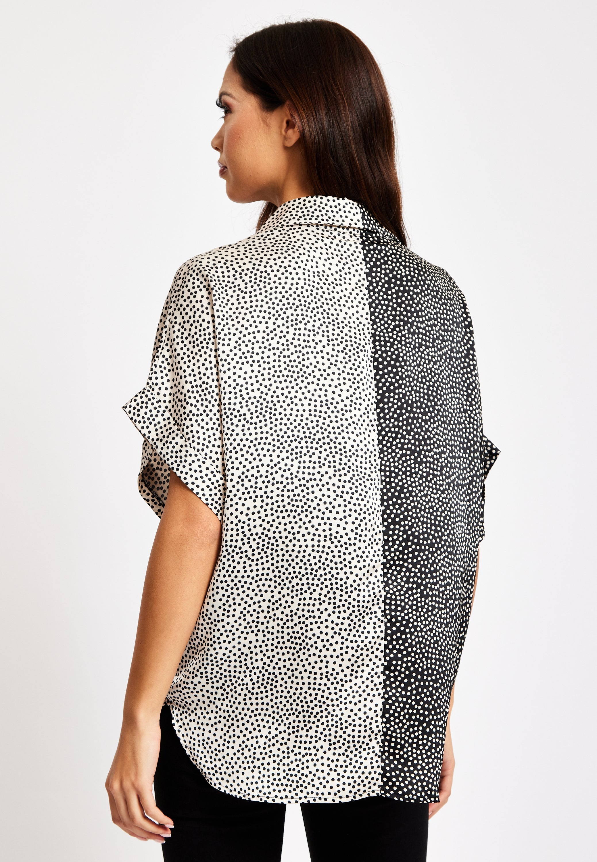 Women’s Monochrome Polka Dot Print Shirt with Short Sleeves, Button-Up Front, Regular Fit, Shirt Collar