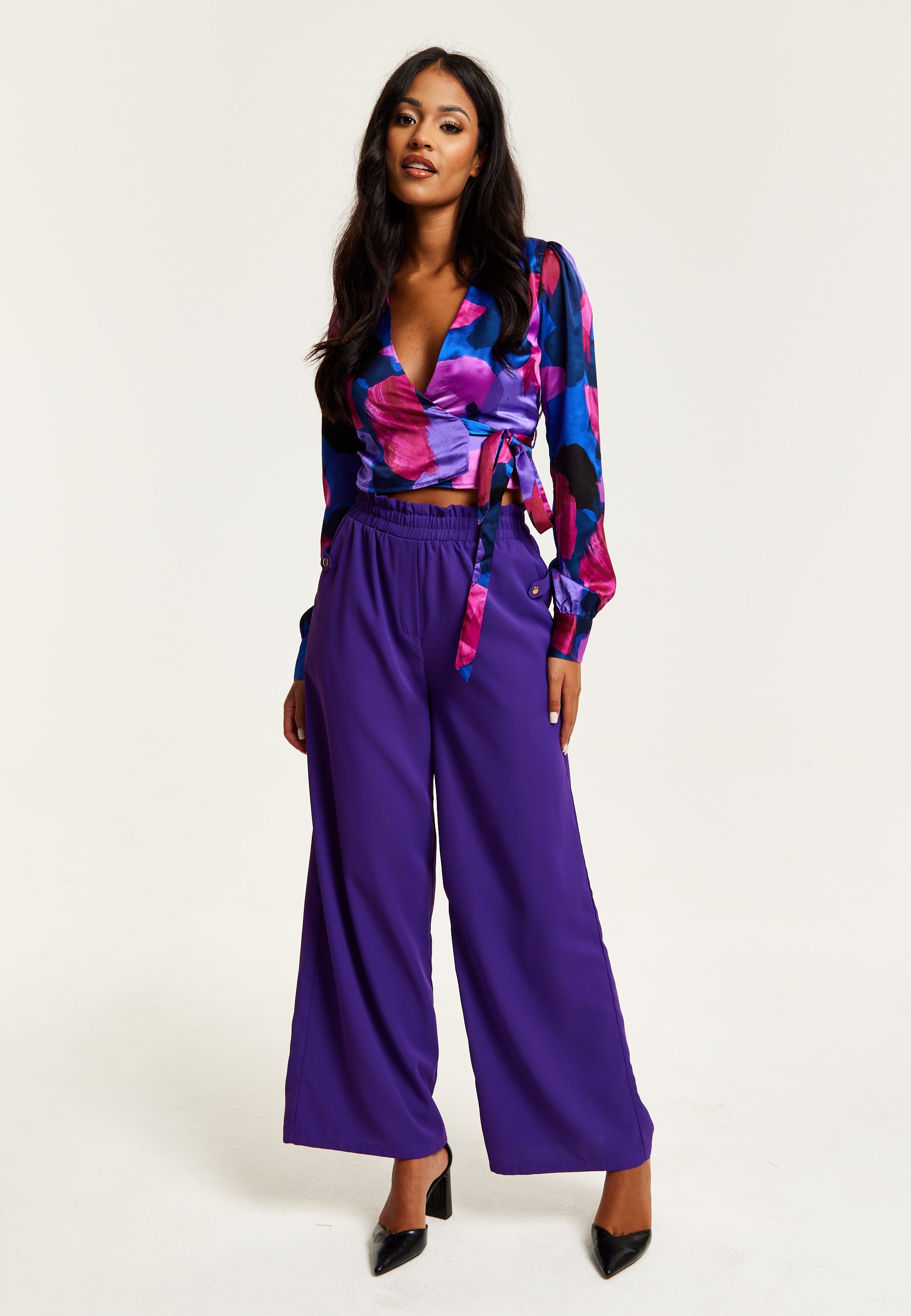 Women’s Purple Wide Leg Trousers with High Waist, Elasticated Waist & Front Pockets - Liquorish