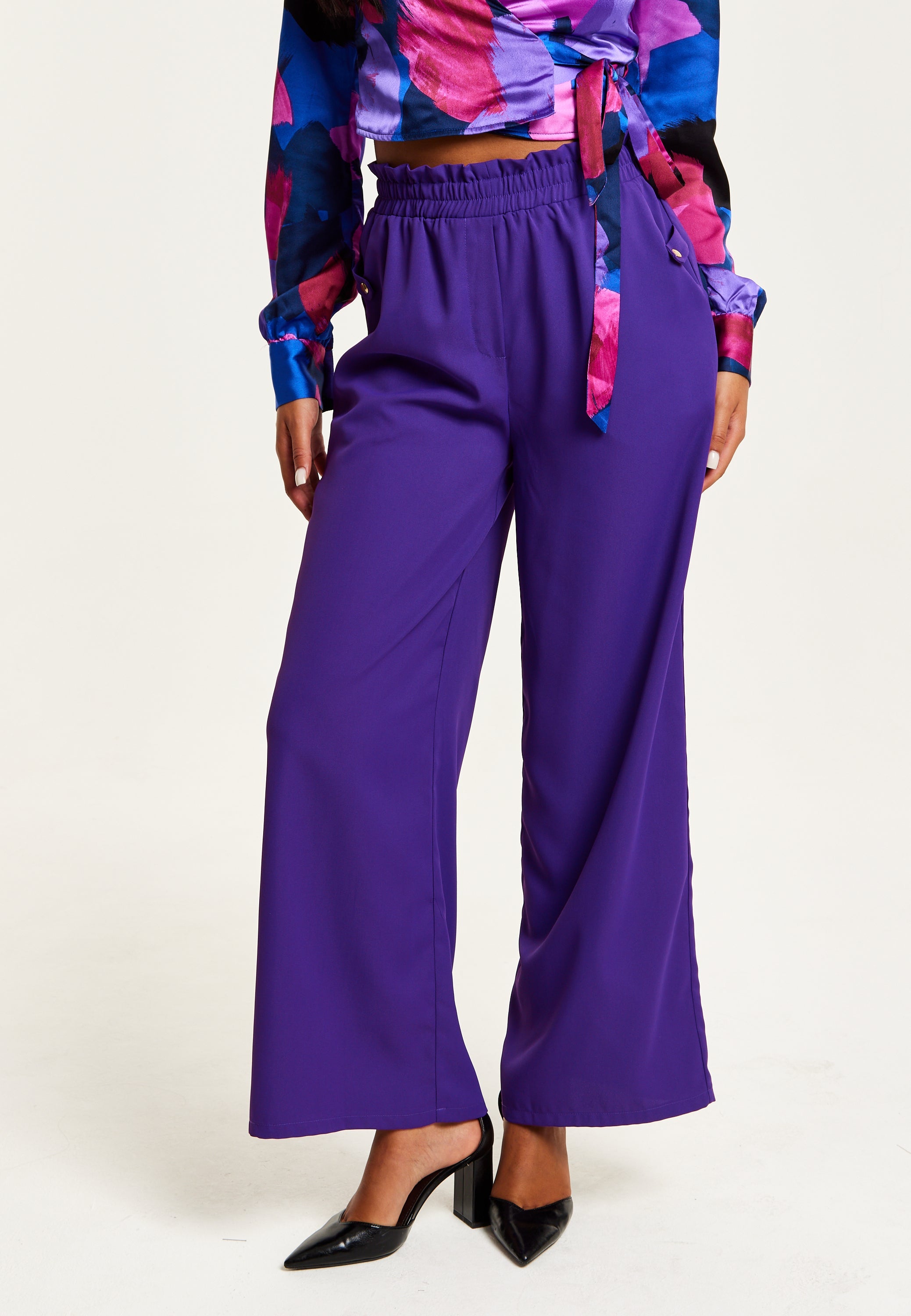 Women’s Purple Wide Leg Trousers with High Waist, Elasticated Waist & Front Pockets - Liquorish