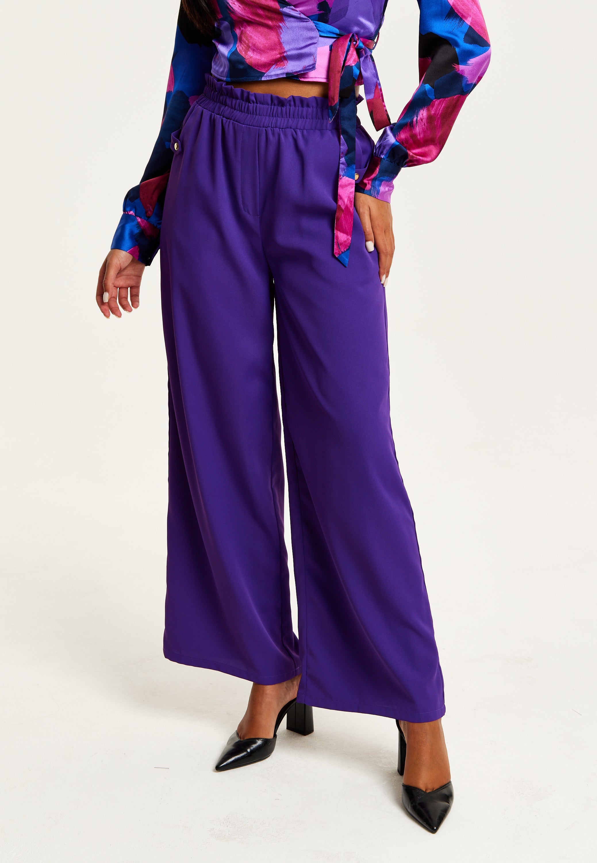 Women’s Purple Wide Leg Trousers with High Waist, Elasticated Waist & Front Pockets - Liquorish