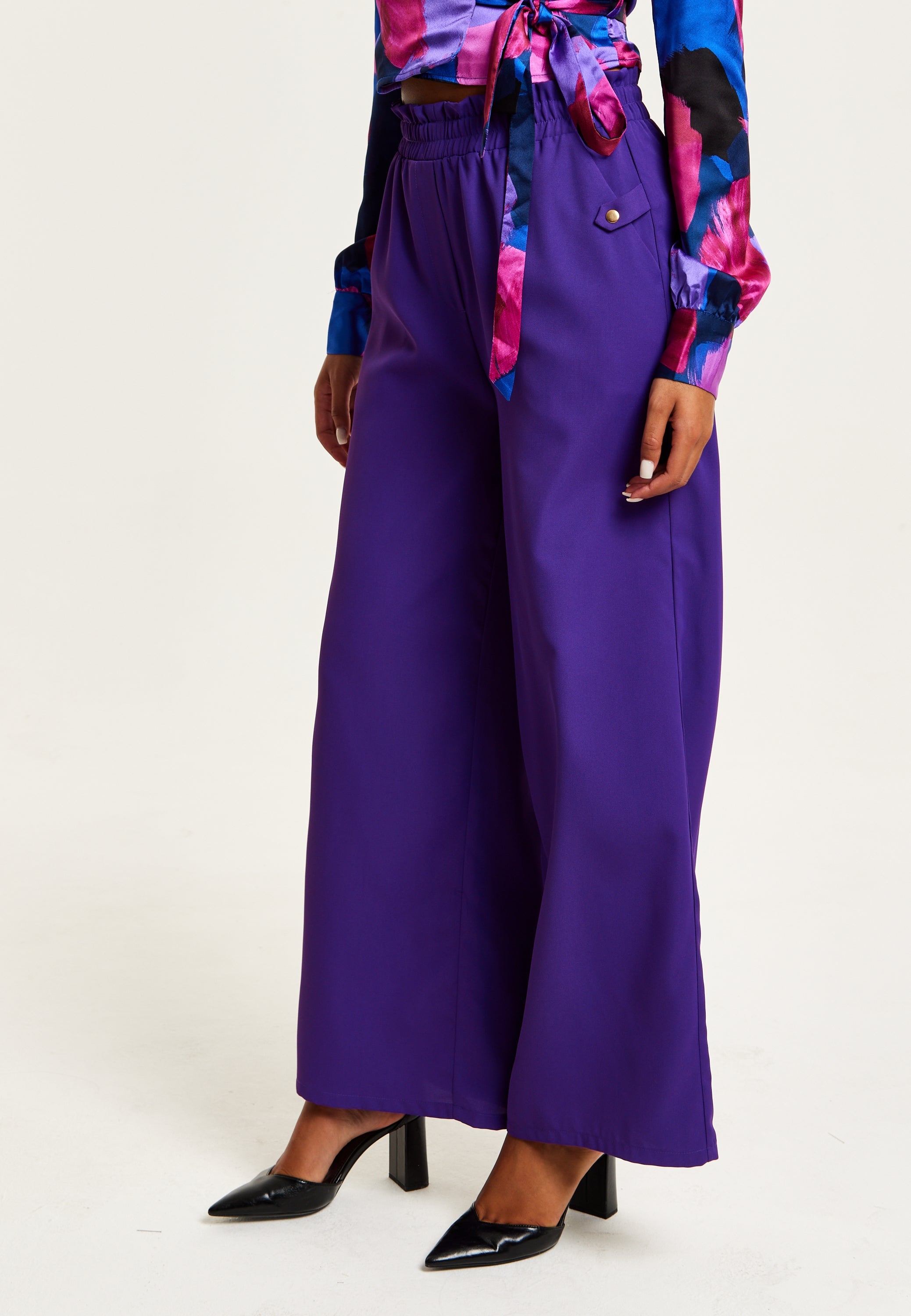 Women’s Purple Wide Leg Trousers with High Waist, Elasticated Waist & Front Pockets - Liquorish