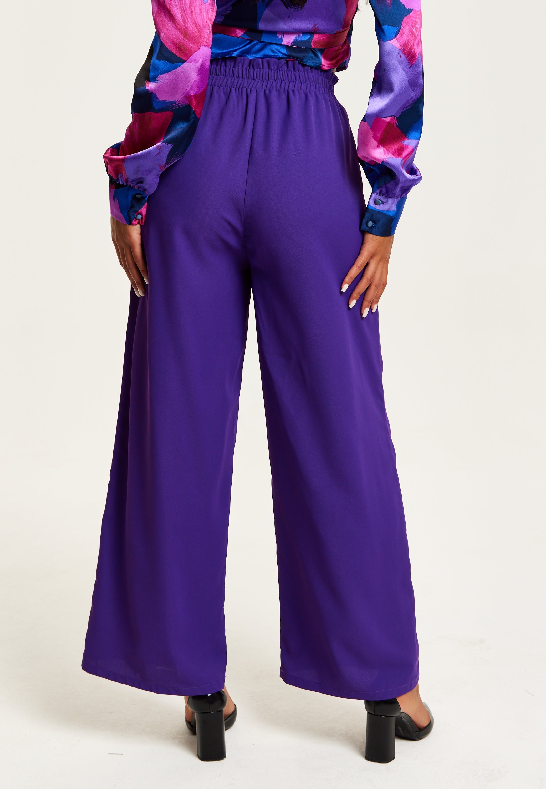 Women’s Purple Wide Leg Trousers with High Waist, Elasticated Waist & Front Pockets - Liquorish