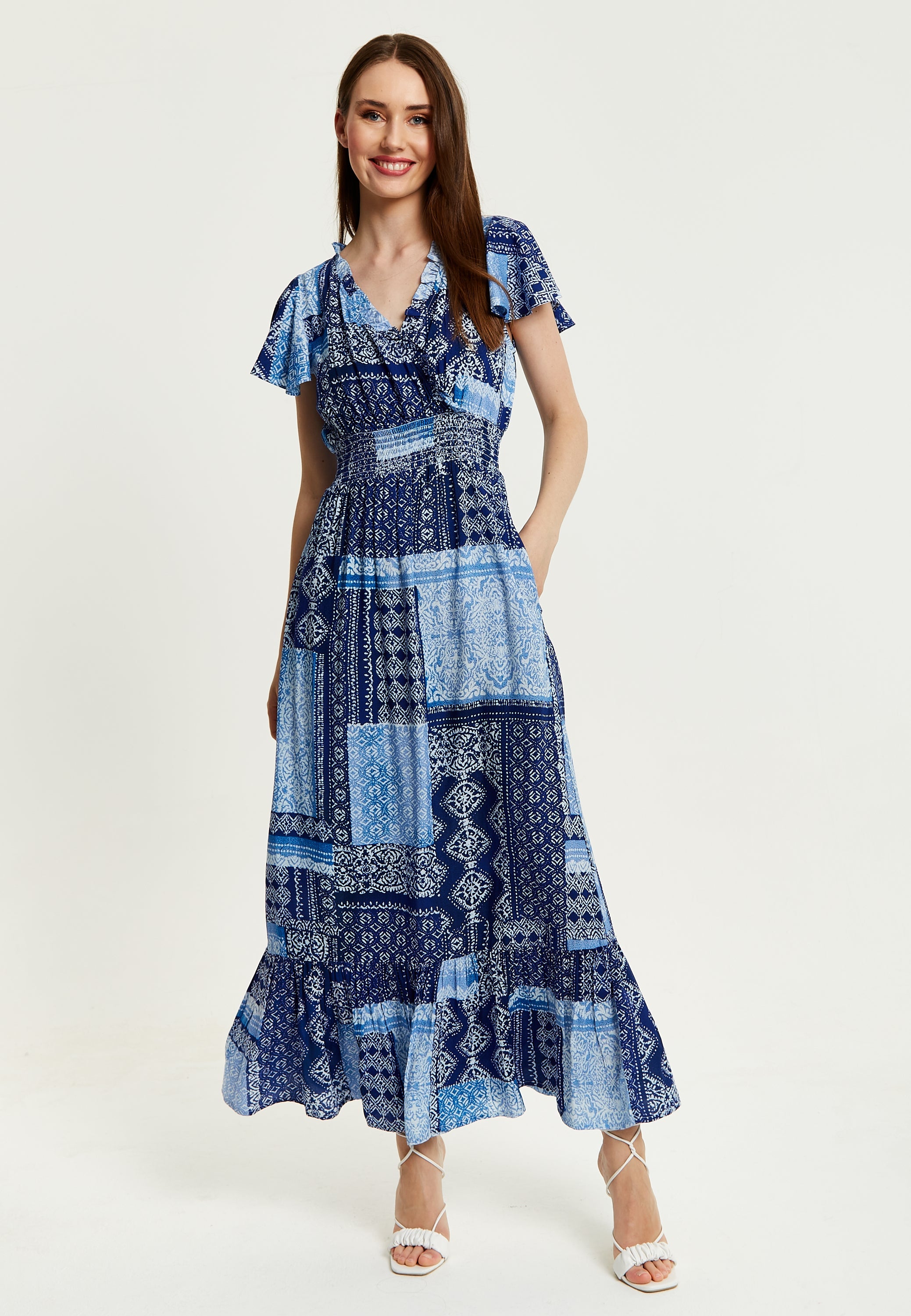 Women's Maxi Dress in Blue Tile Print with Short Sleeves and Open Back Tie Detail - Liquorish