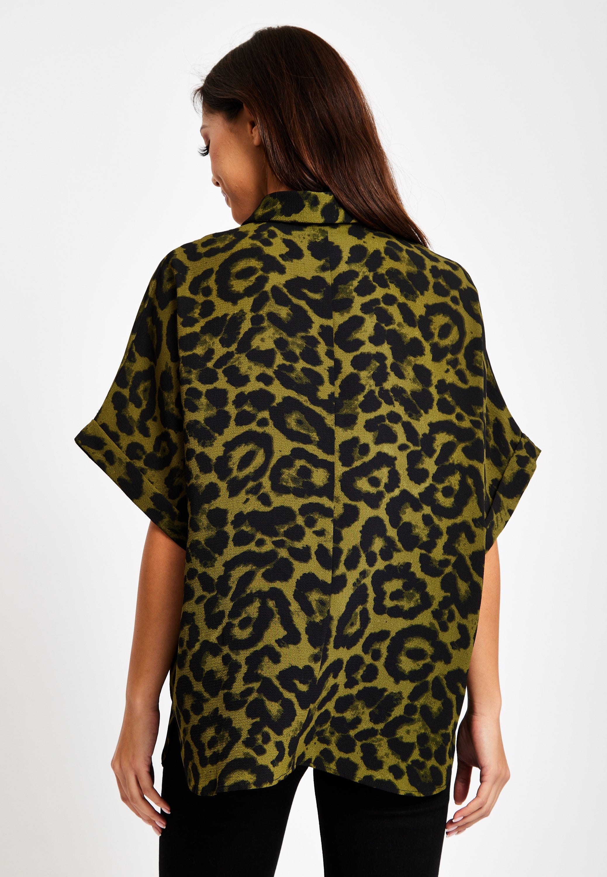 Women's Khaki Animal Print Shirt with Short Sleeves, Button-Up Front, Regular Fit, Shirt Collar