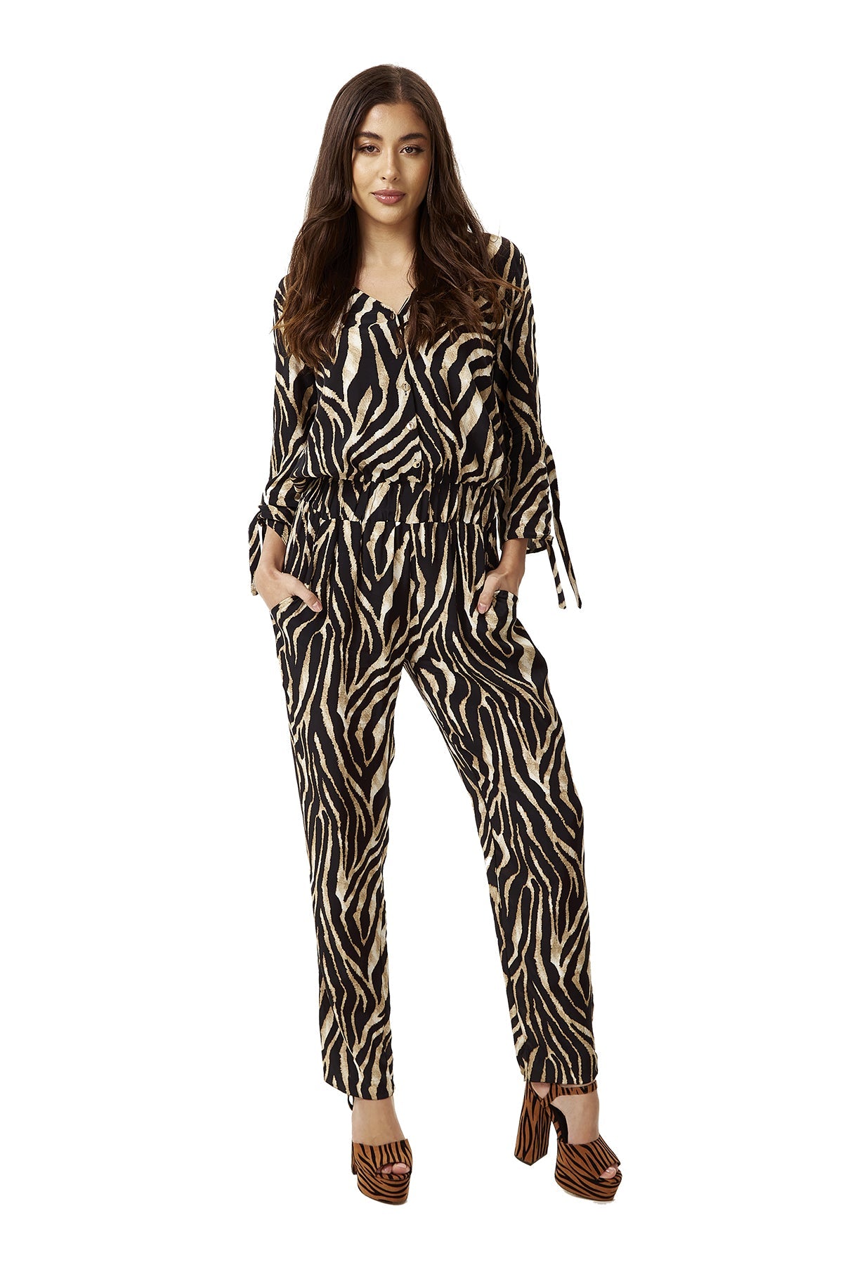 Women's Zebra Print Jumpsuit with 3/4 Sleeves, V Neck, Elasticated Waist, Regular Fit - Liquorish