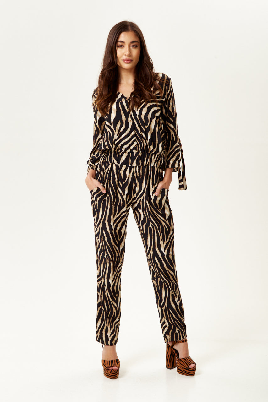 Women's Zebra Print Jumpsuit with 3/4 Sleeves, V Neck, Elasticated Waist, Regular Fit - Liquorish