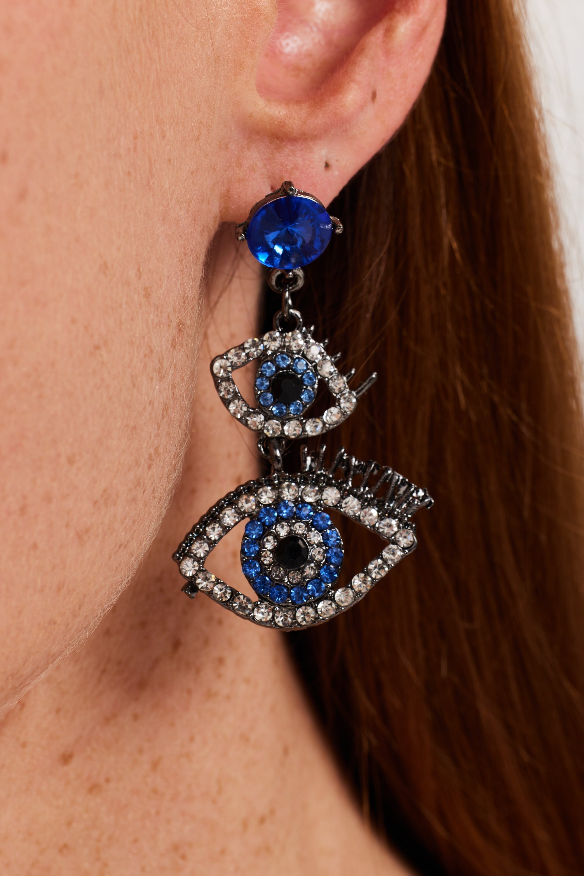 Liquorish Double Evil Eye Drop Style  Earrings With Diamonte Embellishments