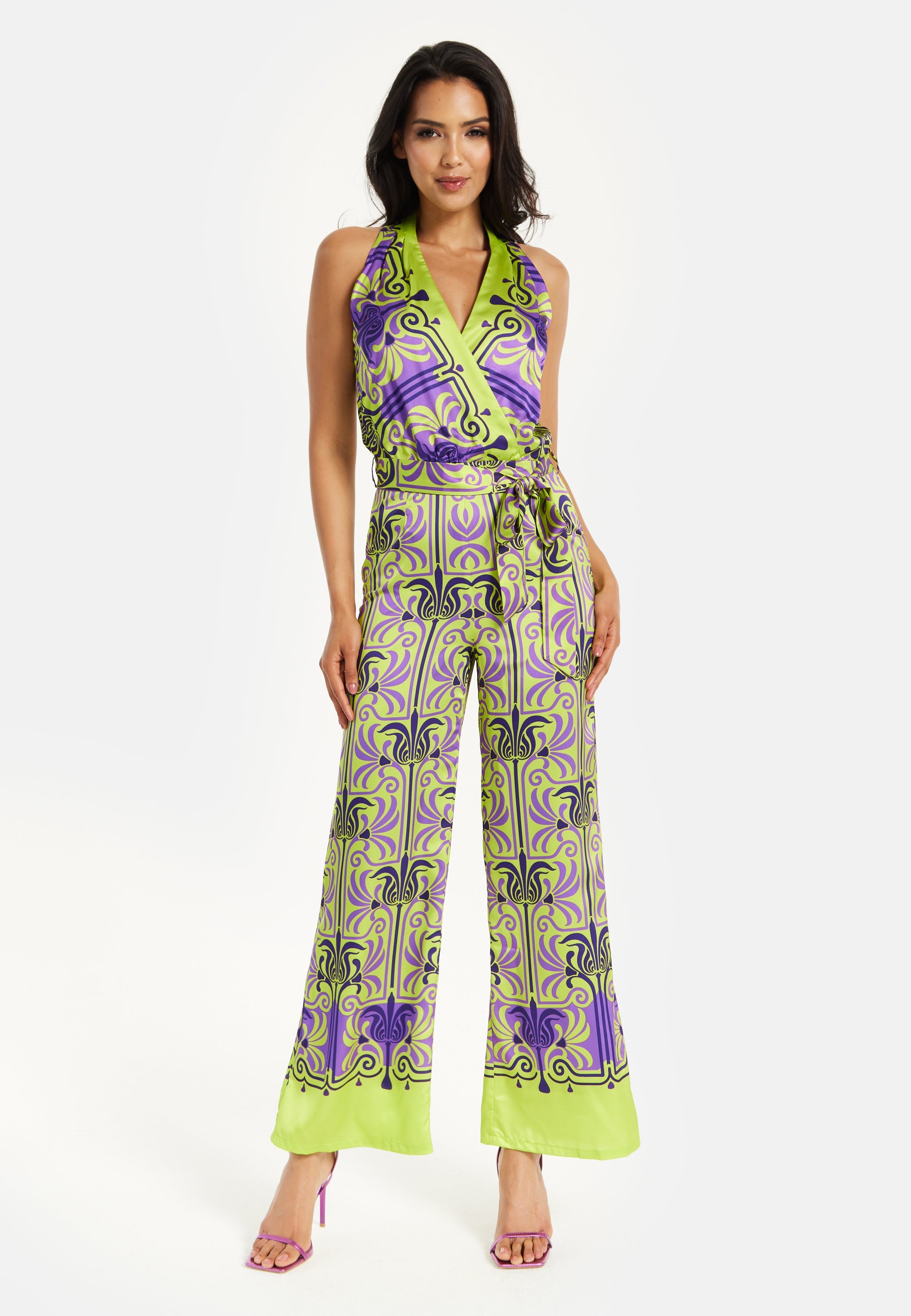 Women's Jumpsuit with V Neck, Wide Palazzo Legs, Elasticated Waist, Regular Fit, Printed Design - Liquorish