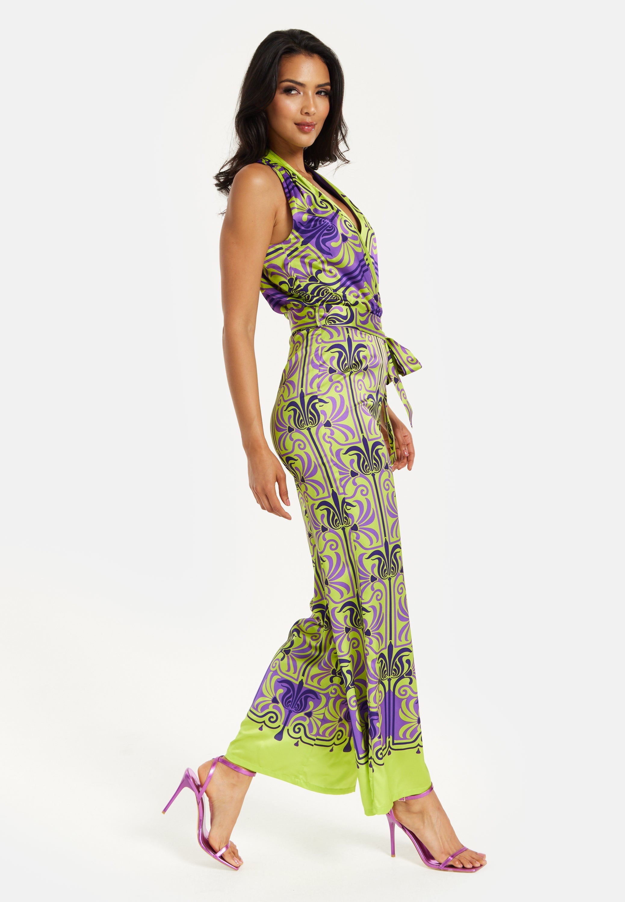 Women's Jumpsuit with V Neck, Wide Palazzo Legs, Elasticated Waist, Regular Fit, Printed Design - Liquorish