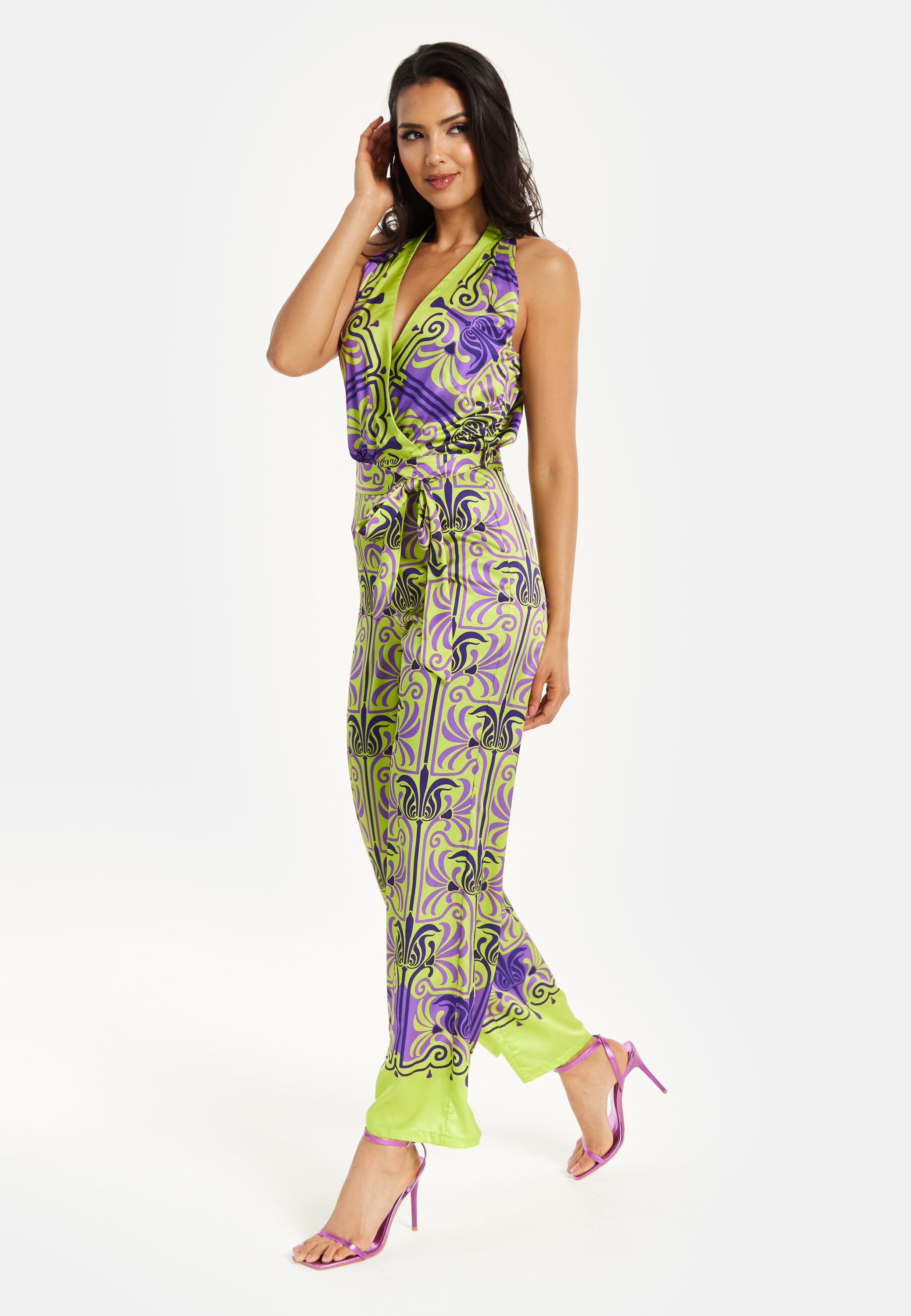 Women's Jumpsuit with V Neck, Wide Palazzo Legs, Elasticated Waist, Regular Fit, Printed Design - Liquorish