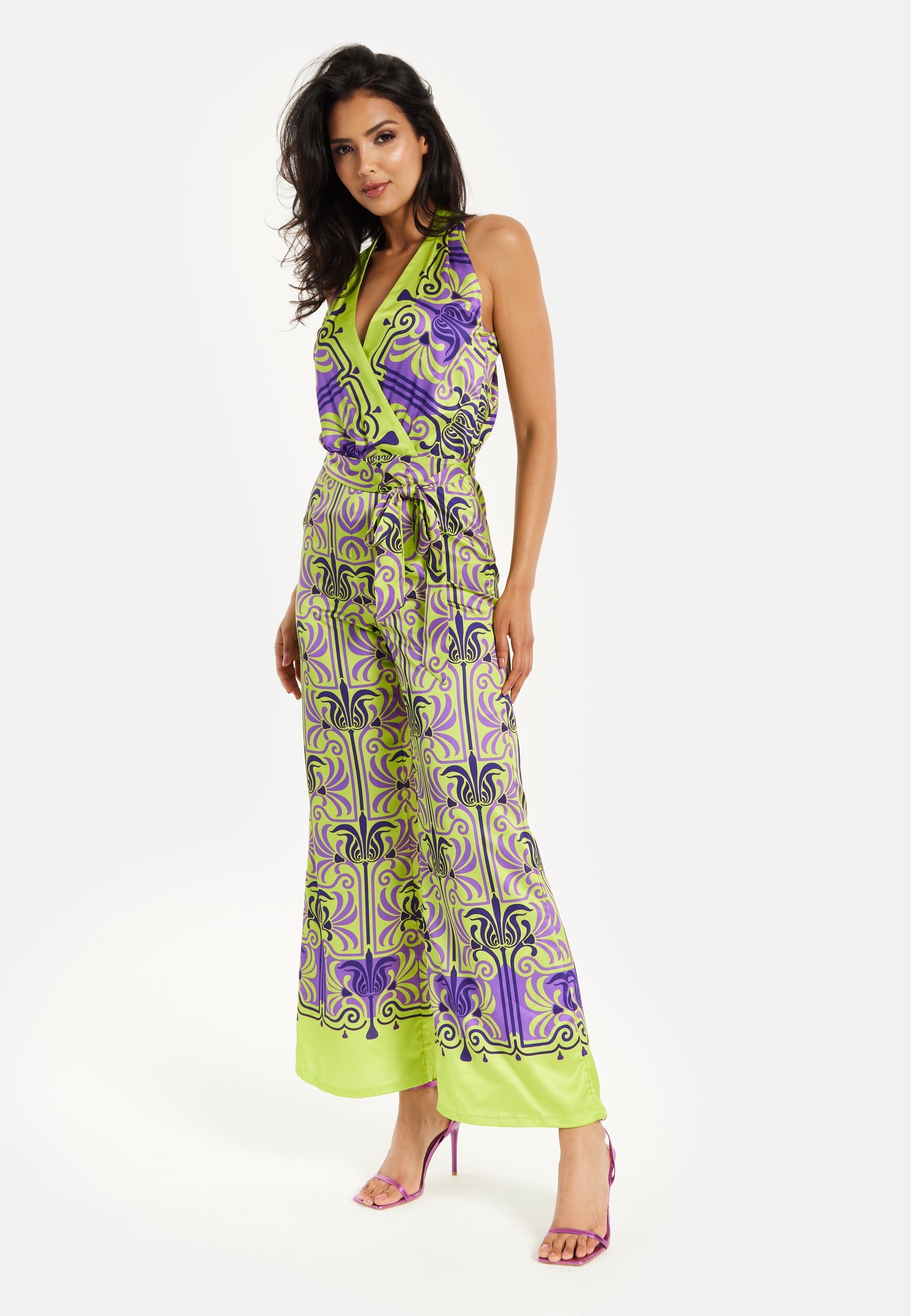 Women's Jumpsuit with V Neck, Wide Palazzo Legs, Elasticated Waist, Regular Fit, Printed Design - Liquorish