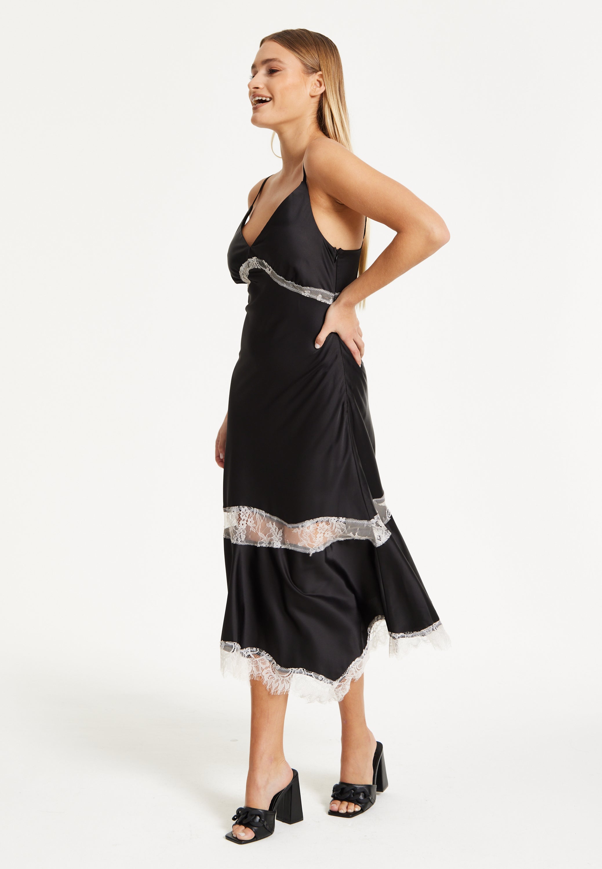 Liquorish Lace Trim Black Midi Dress