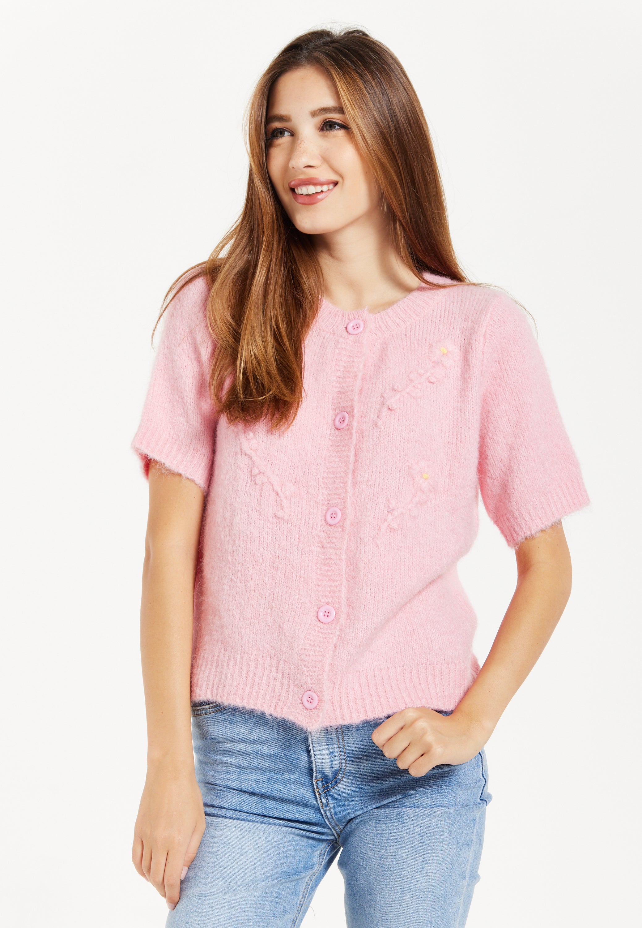 Women's Cardigan Pink Floral Short Sleeve Knitted with Button-Down Front, Chic Comfort by Liquorish